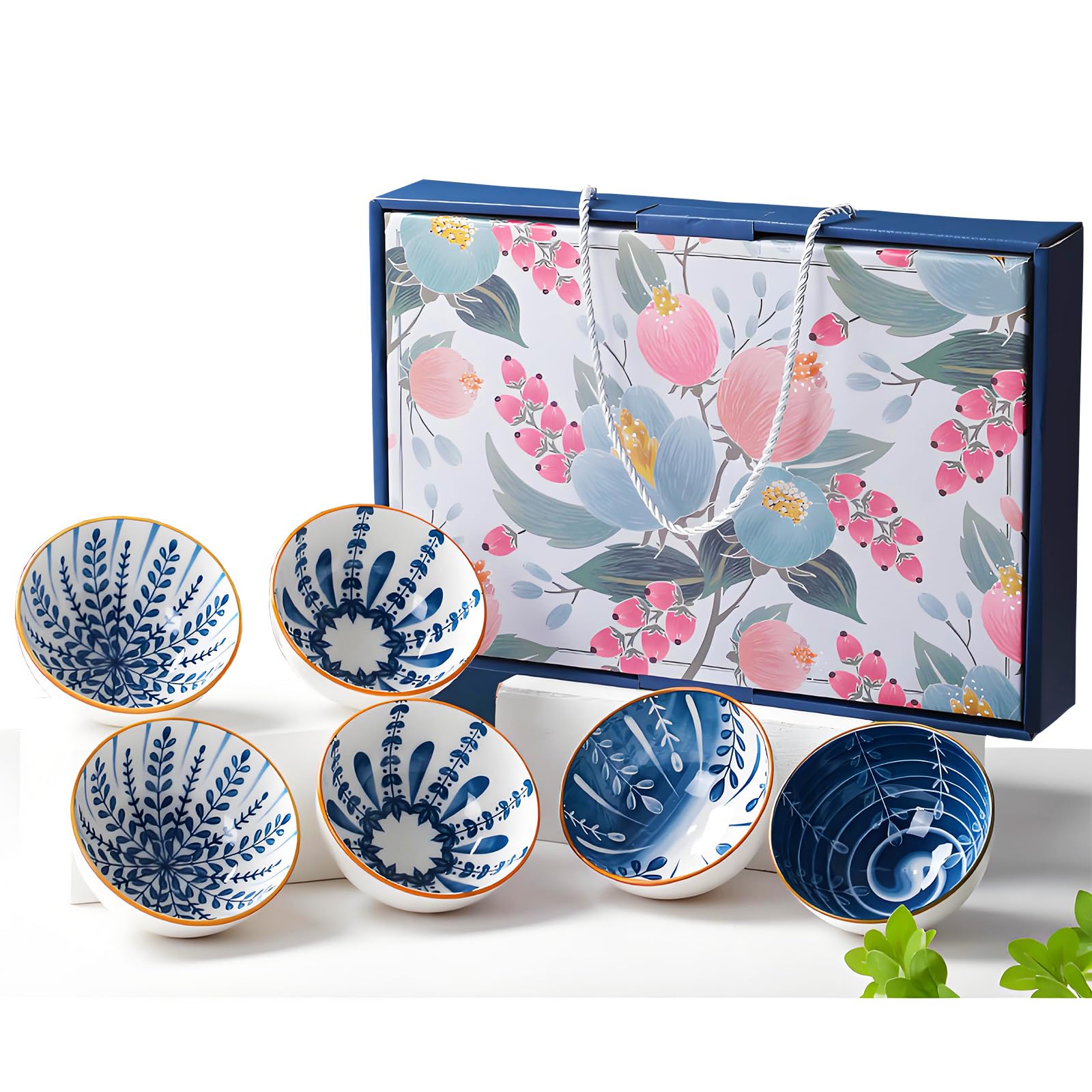 iDourer Rice Bowls 10oz, Japanese Style Bowls Set of 6 with Gift Box - Blue and White Ceramic Bowls for Soup, Dessert, Ice Cream, Snack - Kitchen Gifts for Women Christmas Gift
