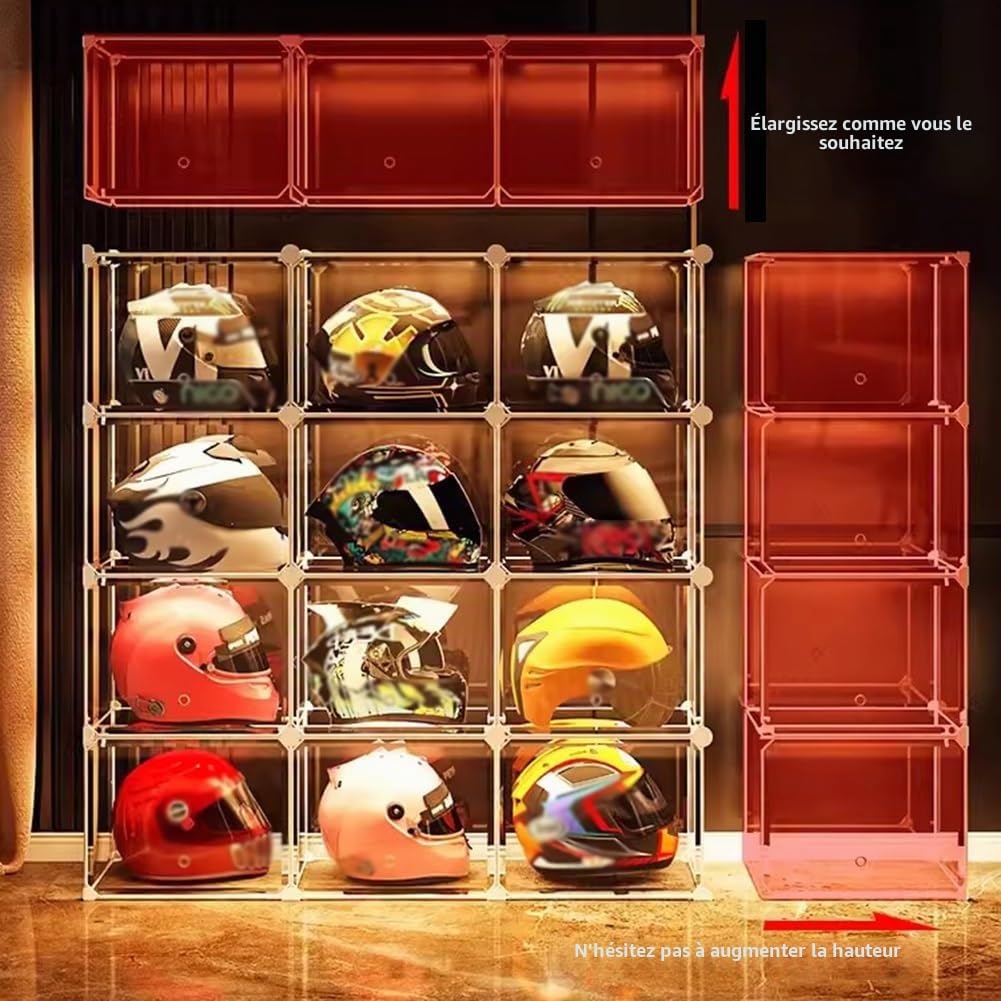 Vitrine de casque avec éclairage LED, étagère de rangement empilable pour casques de moto, livres et cosmétiques, organiseur en plastique transparent
