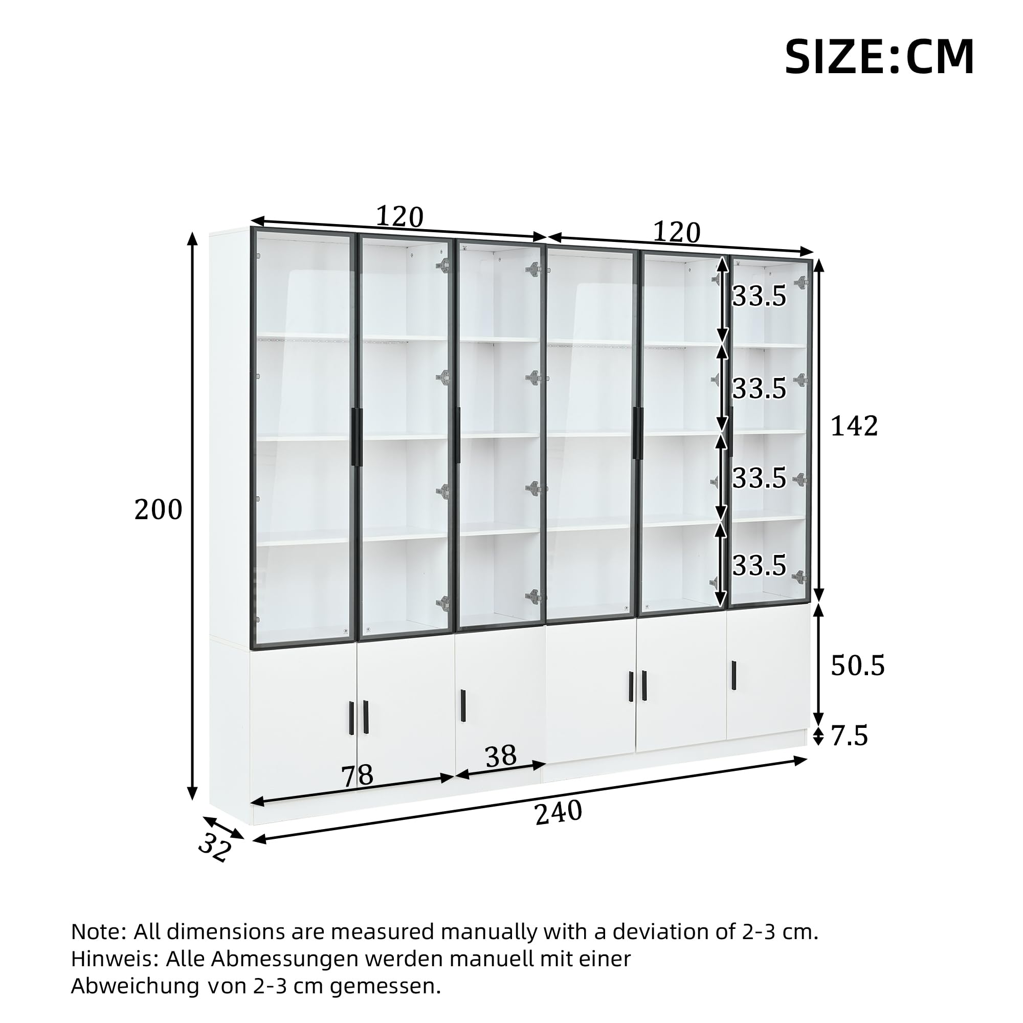 Vitrina de cristal, 12 puertas, armario alto, 240 x 32 x 200 cm, color blanco