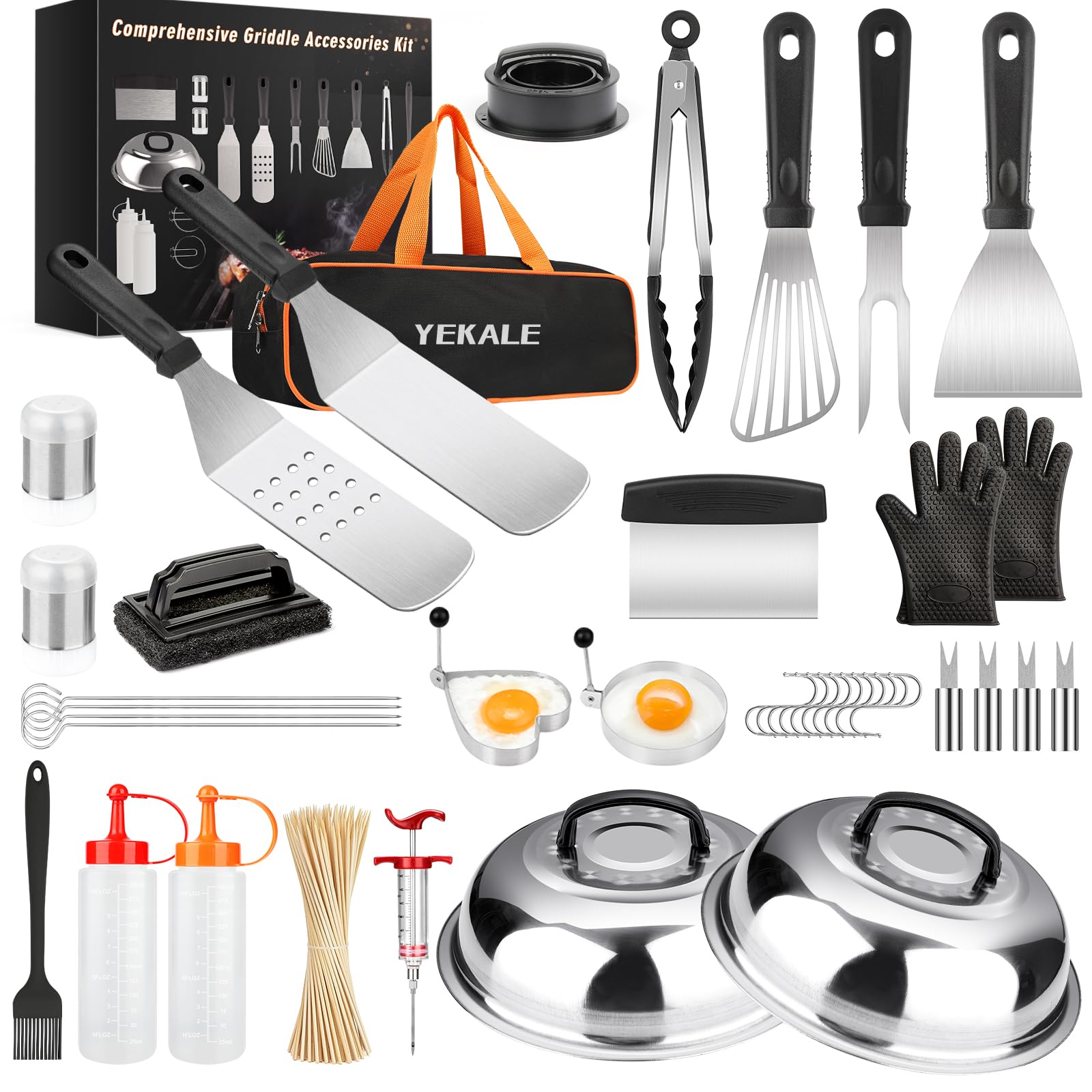 Griddle Accessories Kit, 140 Pcs Griddle Grill Tools Set for Blackstone and Camp Chef, Professional Grill BBQ Spatula Set with Basting Cover, Spatula, Scraper, Bottle, Tongs, Egg Ring (Egg)