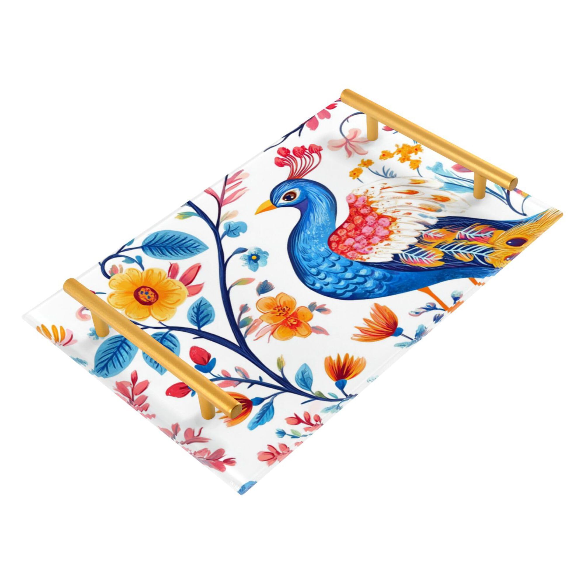 Bathroom Vanity Tray Counter Organizer, Cartoon Sweet Peacocks Decorative Tray with Handles Countertop Storage for Bathroom Bedroom Kitchen Home Farmhouse