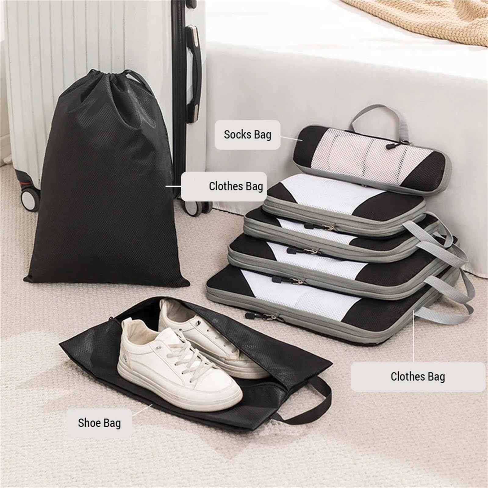 1 set di cubi imballaggio a compressione, organizer da viaggio comprimibile for bagaglio a mano, for borse e vestiti Organizer per valigie(Beige)