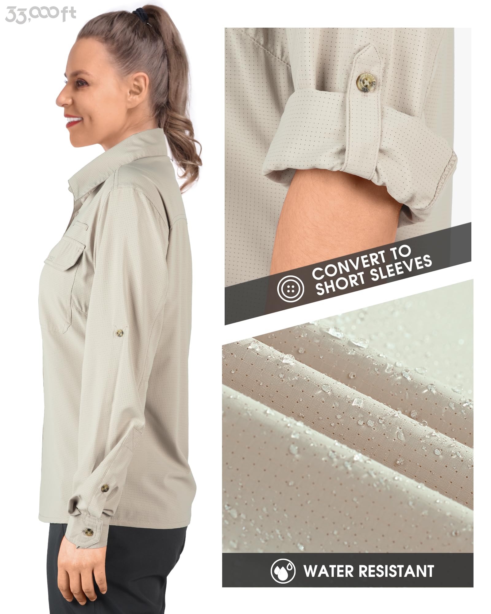 33,000ft Camisa para mujer UPF50+ con protección UV, de secado rápido, para tiempo libre, manga larga, para senderismo, pesca, safari, viajes, golf