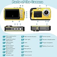 Vista 6 de Cámara digital subacuática 4K 48MP impermeable con tarjeta de 32 GB, selfie de doble pantalla (frontal y trasera), buceo de 10 pies/3M para Amarillo