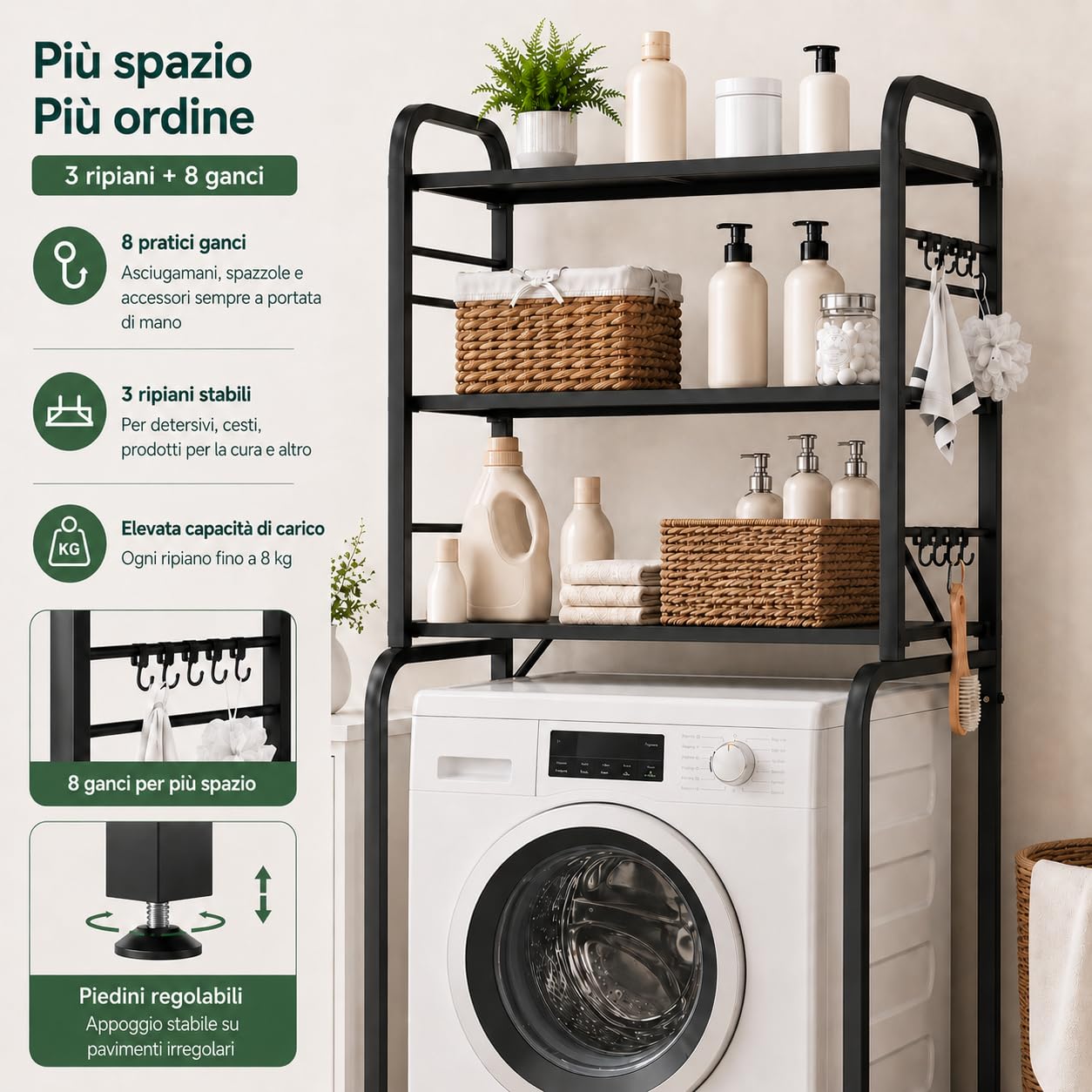 Scaffale Sopra Lavatrice in Metallo a 3 Ripiani, Mobiletto per Lavatrice con 8 Ganci, Ripiano Sopra Lavatrice Regolabile in Altezza, Organizer Stabile per Bagno WC Lavanderia, 66x155x49 cm