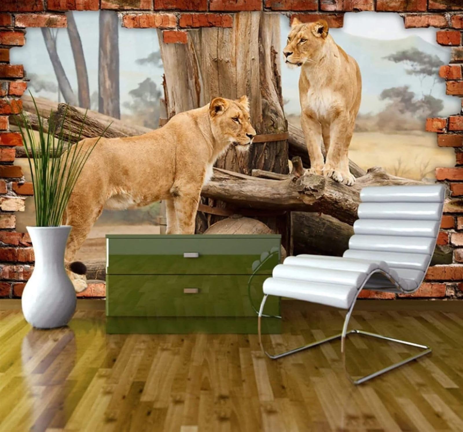 XLMING Three Dimensional Space Brick Wall Animals Lion 3D Wallpaper Luxury Home Dining Decor Paste Sofa Living Room The Wall for Bedroom Mural-430cm×300cm