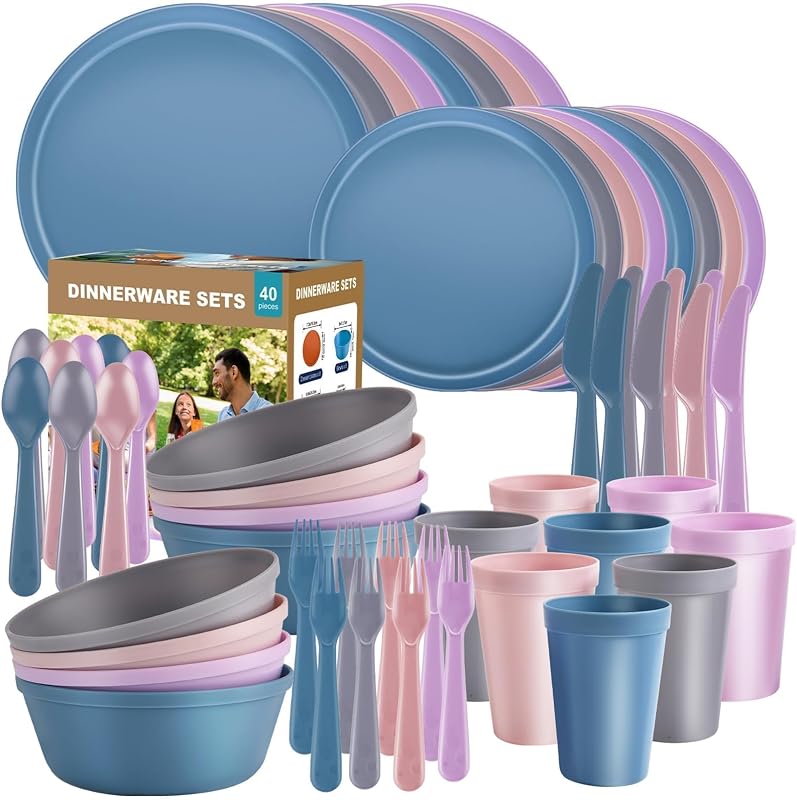 Juego de vajilla de plástico de 40 piezas para 8 con cubiertos, platos y tazones irrompibles, apto para lavavajillas y microondas, juego de platos reutilizables para camping, vehículos recreativos, cocina al aire libre, comedor en apartamentos, pastel multicolor