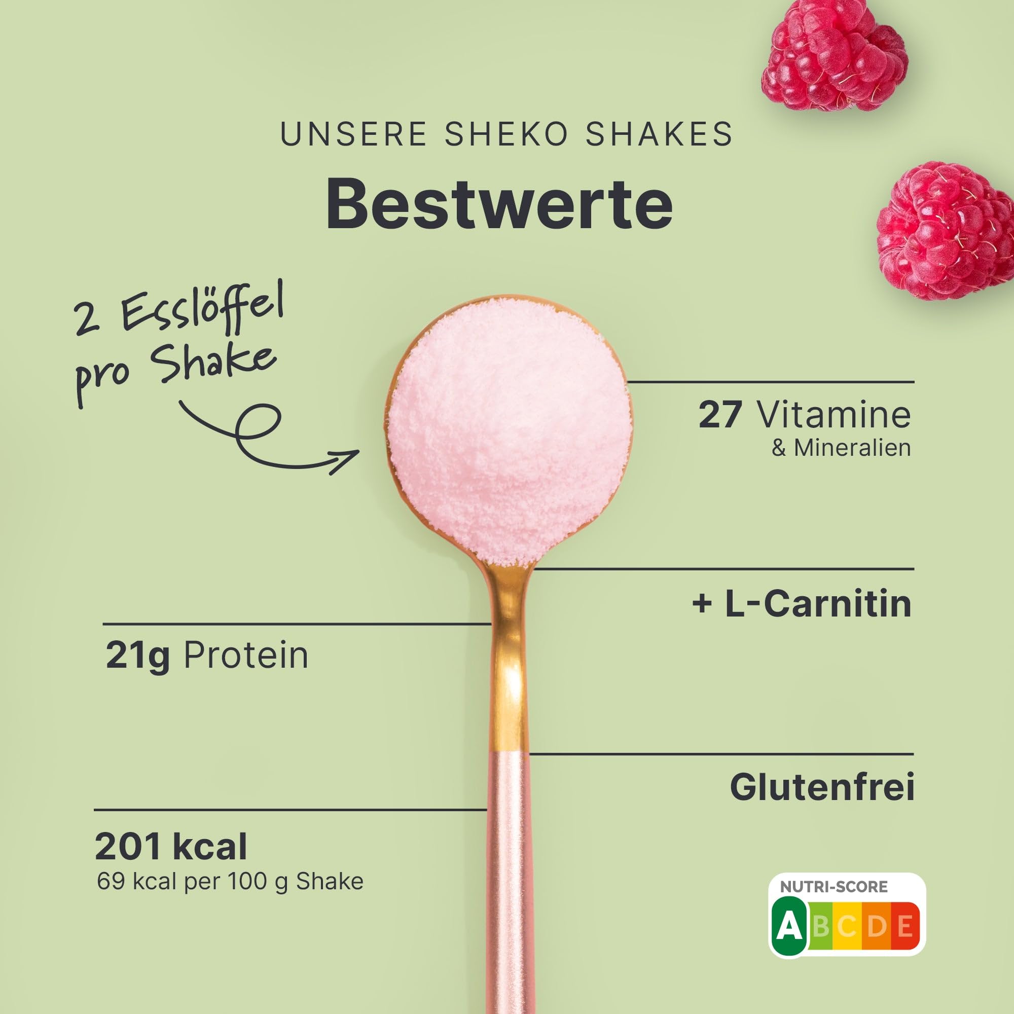 SHEKO - Batido para beber - Sustitutivo de una comida - Alto contenido en proteínas - Sabor natural - Delicioso batido adelgazante - (360 g (1 paquete), Frambuesa)