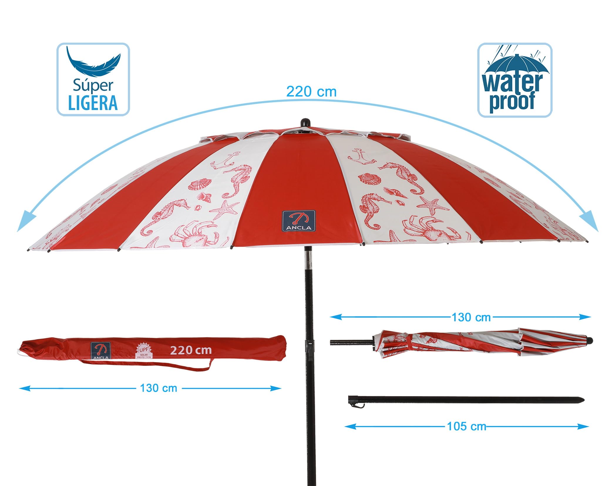 Atosa Strandschirm Ø 180 bis 240 cm aus Aluminium, Modell Meeresboden, mit Tragetasche und Sonnenschutz UPF 50+ in den Farben Blau und Rot, rot, 220 cm, Jug oder Strand
