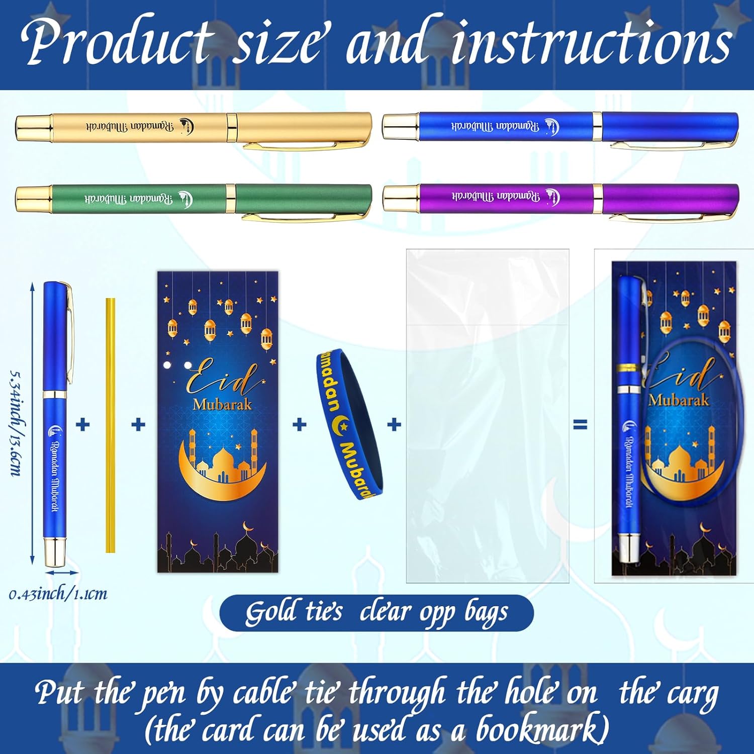 Ctosree 96Pcs/24Set Eid Mubarak Gifts Bulk Ballpoint Pens with Greeting Cards Eid Ballpoint Pens Bookmark Card and Silicone Bracelet Ramadan Islamic Party Favors Goodie Bag Fillers Stuffers