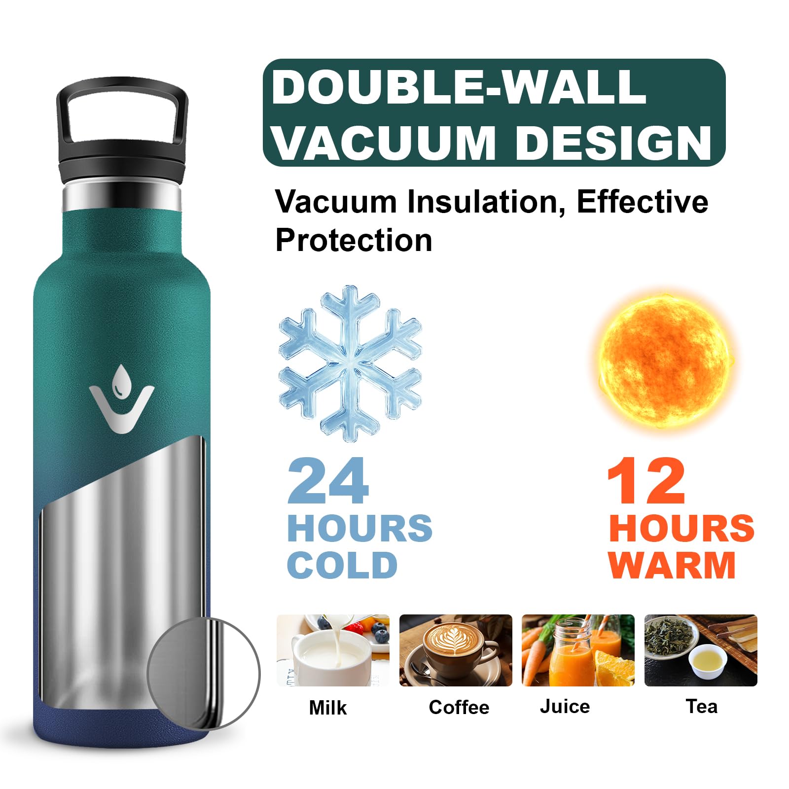 Botella Agua Acero Inoxidable, 500ml Botella Termica, A Prueba de Fugas, Botellas Agua Niños, sin BPA, Cantimplora con Pajita, Mantiene 24H Frio/12H Calor, para la Escuela, Oficina, Cámping — view 3