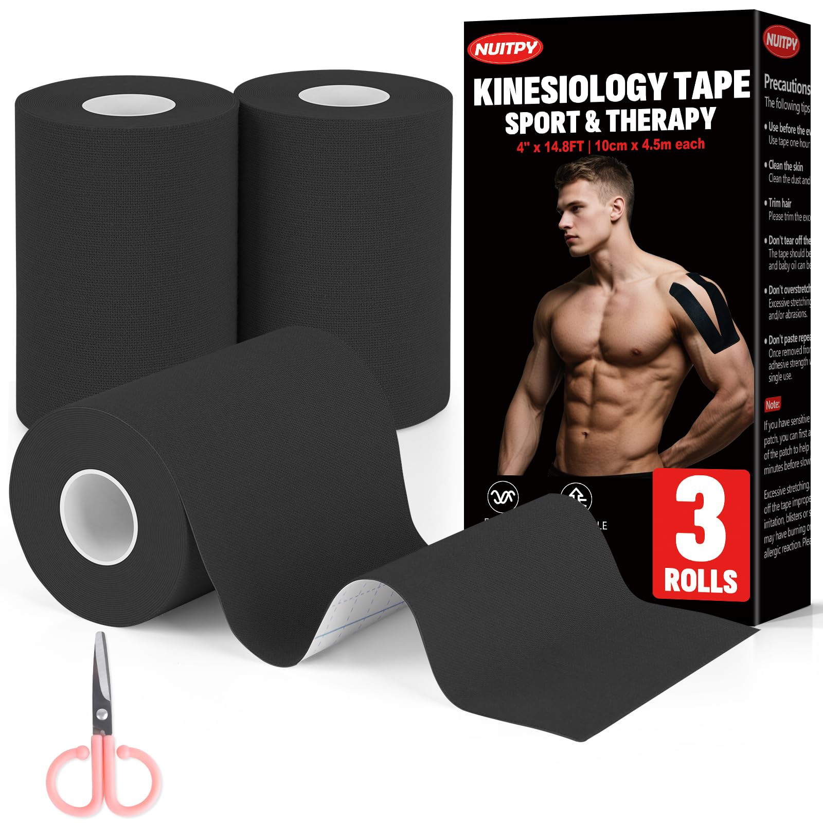 3 Rolls Kinesiology Tape 4 inch x 14 8 Feet Waterproof Athletic Tape Uncut Kinetic Tape Elastic Muscle