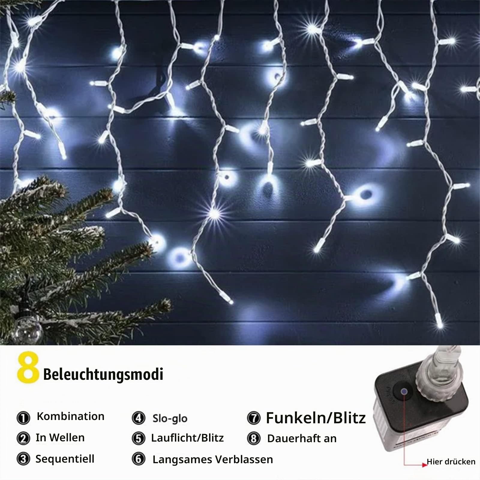 BrizLabs Eisregen Weihnachtslichterkette Außen, 480 LED Weiss Eiszapfen Lichterkette Innen Weihnachten Lichtervorhang 8 Modi Wasserdicht Außenbeleuchtung für Tannenbaum Balkon Garten Party Hochzeit