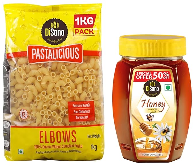 Pastalicious 100% Durum Wheat Macroni Pasta, Elbow, 1kg & DiSano Pure Honey 500 g (pack of 1)