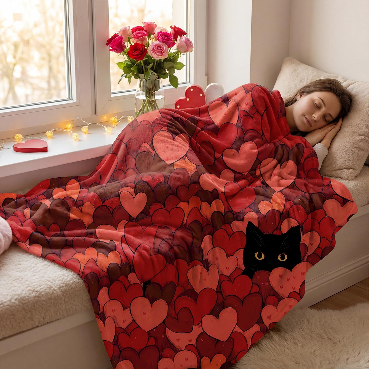 Horaldaily Valentine Flannel Blanket Throw, Love Hearts Cat Red Soft Fuzzy Plush Cozy Fleece Blankets for Couch Sofa Bed Lounging, Ideal Gifts for Kids Adults Wife Self, 50x60