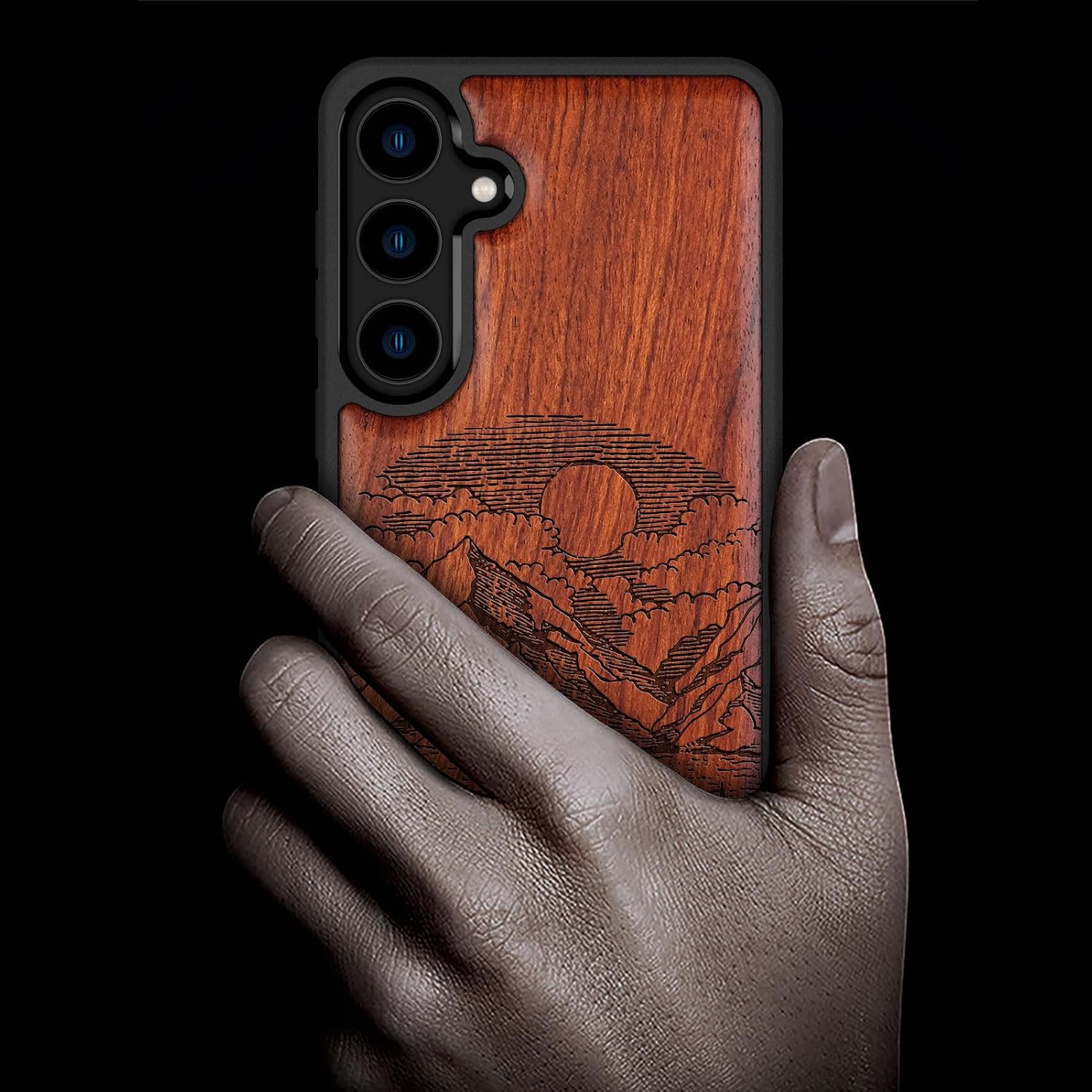 Carveit Wood Case for Galaxy S24 Case [Natural Wood & Black Soft TPU] Shockproof Protective Cover Unique Wooden Design Compatible with Samsung S24 (Alpine Lakes-Rosy)