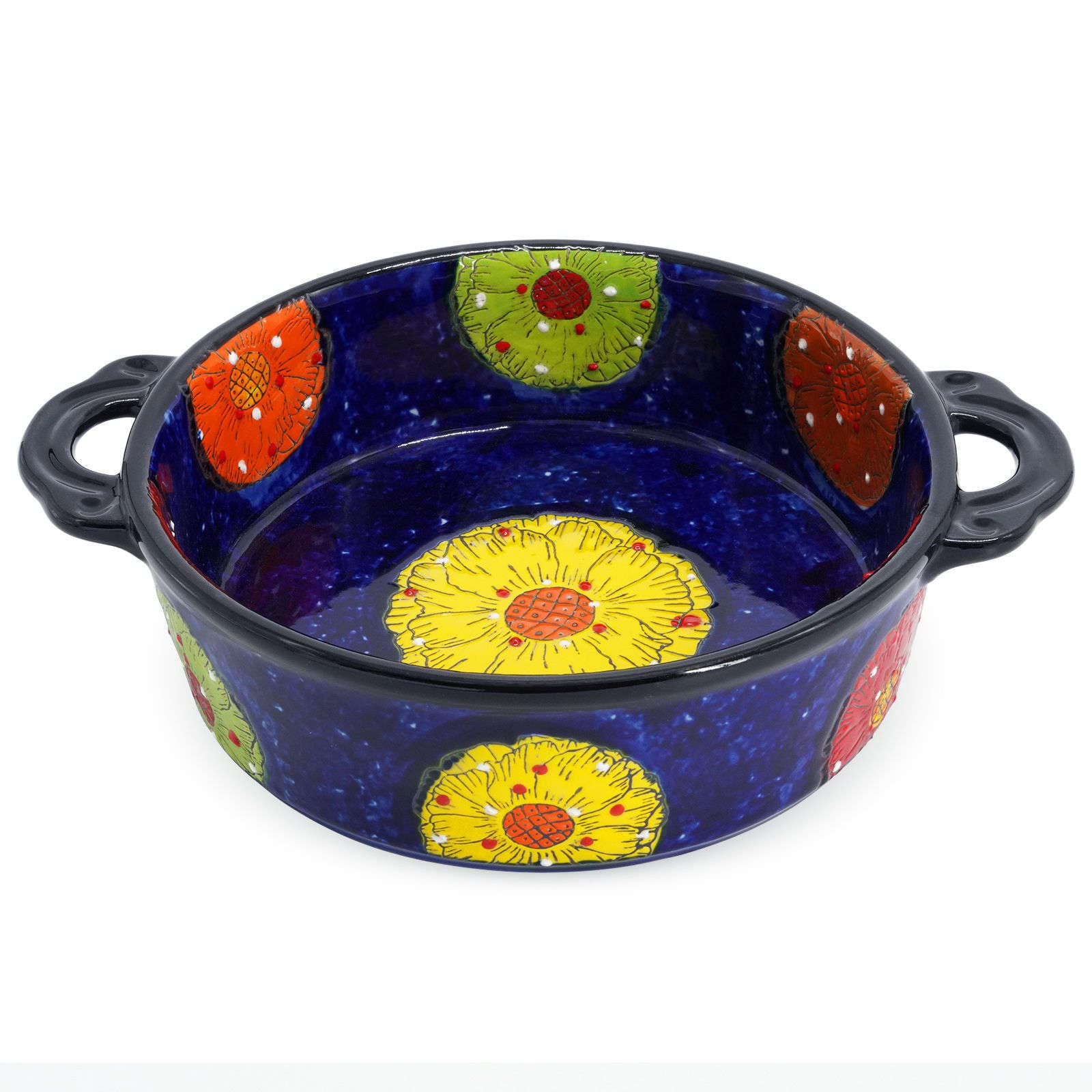 Ceramiczne naczynie do pieczenia do piekarnika, małe naczynie do zapiekania z uchwytami, piekarnik ceramiczny do pieczenia - niebieskie i kwiaty - okrągłe 950 ml