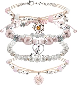 DS 4PCS Beaded Charm Bracelets for Teen Girls Dainty cute cartoon Crystal Beads Pearl Bracelets anklets set for woman and girls Adjustable Stretch bracelet birthday Gift For Friends