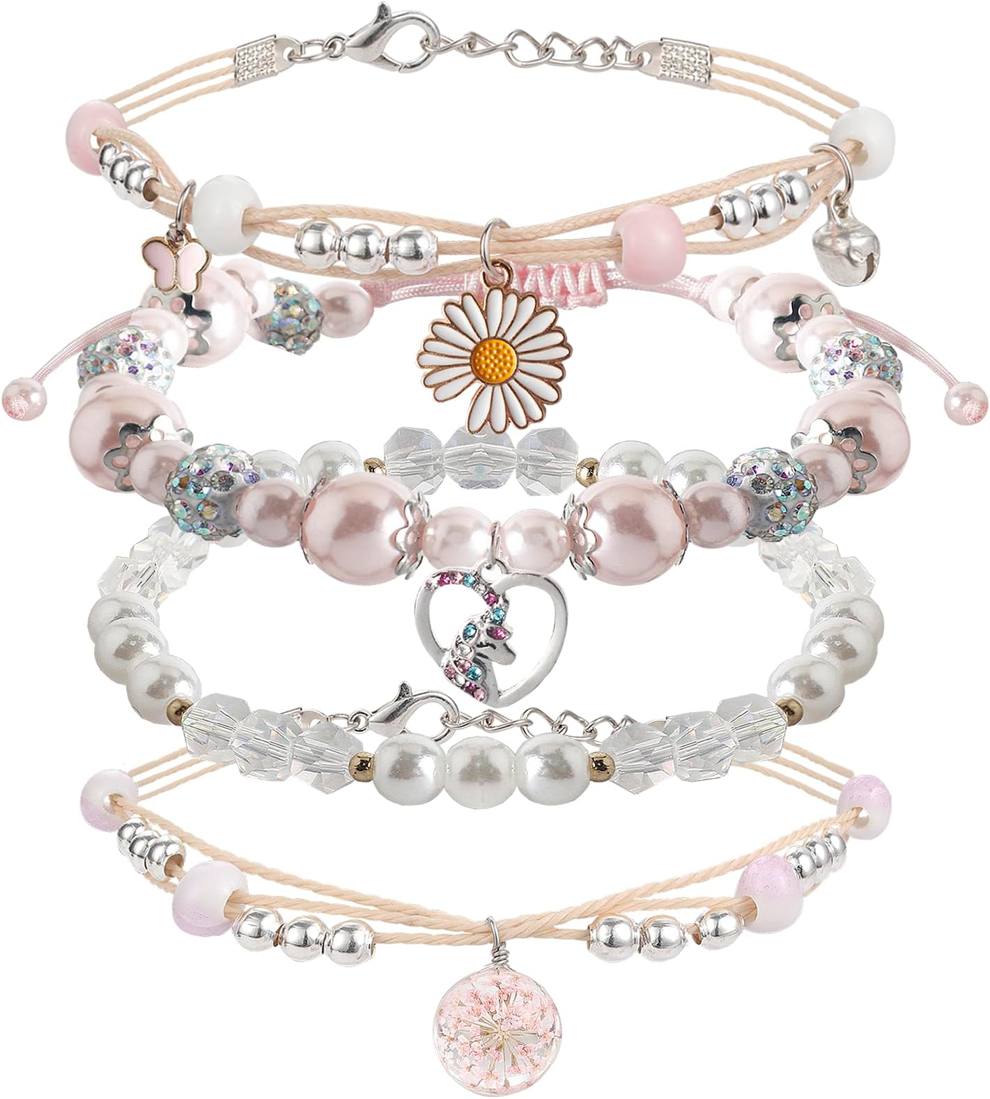 DS 4PCS Beaded Charm Bracelets for Teen Girls Dainty cute cartoon Crystal Beads Pearl Bracelets anklets set for woman and girls Adjustable Stretch bracelet birthday Gift For Friends