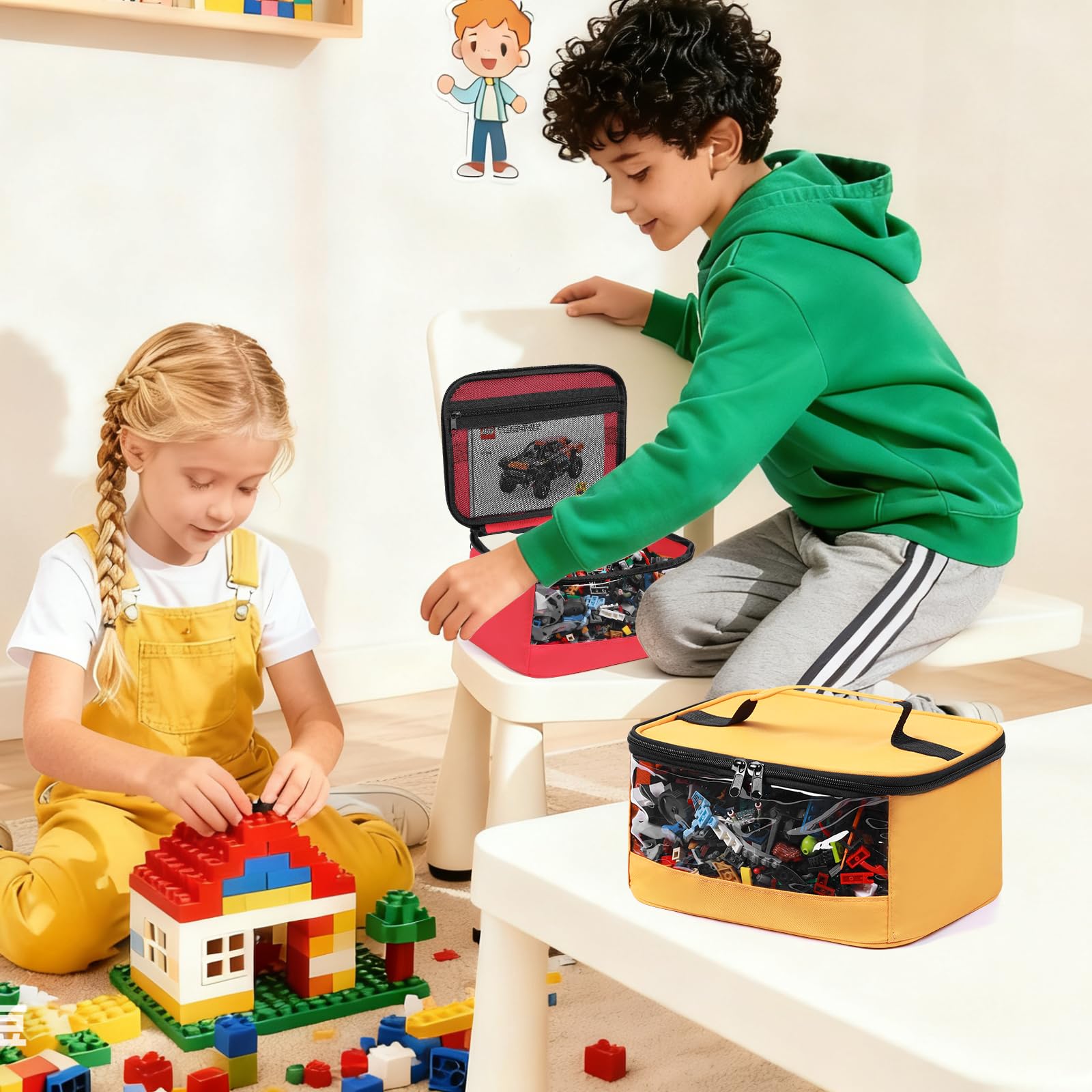 4 bolsas de almacenamiento de juguetes, bolsa organizadora de juguetes de PVC transparente con bolsillo manual para ladrillos de construcción clásicos, rompecabezas, coches de juguete, tamaño grande