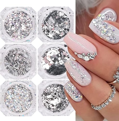 GORS Holographic Nail Foil Glitter Art Flake, 6 Jar Silver Holographic Nail Art Sequins Bright Colorful Shiny Nail Supplies Nail Glitter Nail Confetti DIY Nail Art Design Decoration Accessories