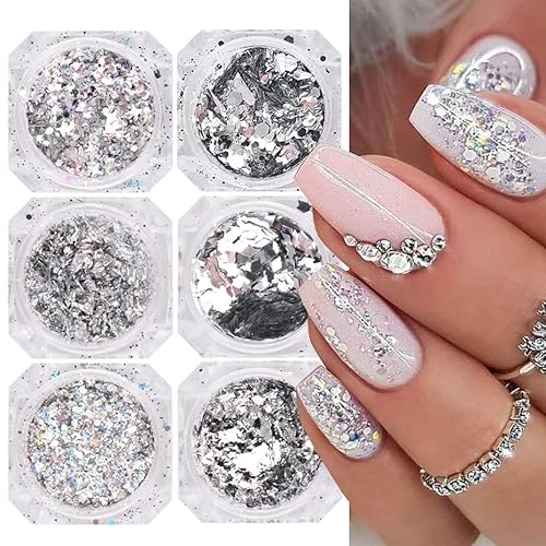 Gors Holographic Nail Foil Glitter Art Flake, 6 Jar Silver Holographic Nail Art Sequins Bright Colorful Shiny Nail Supplies Nail Glitter Nail Confetti Diy Nail Art Design Decoration Accessories #TOP1