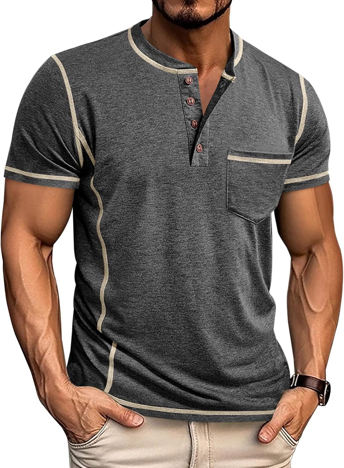 Angbater Men’s Henley Shirts Short Sleeve Casual Button Basic Tee Shirts Summer Lightweight T Shirts with Pocket