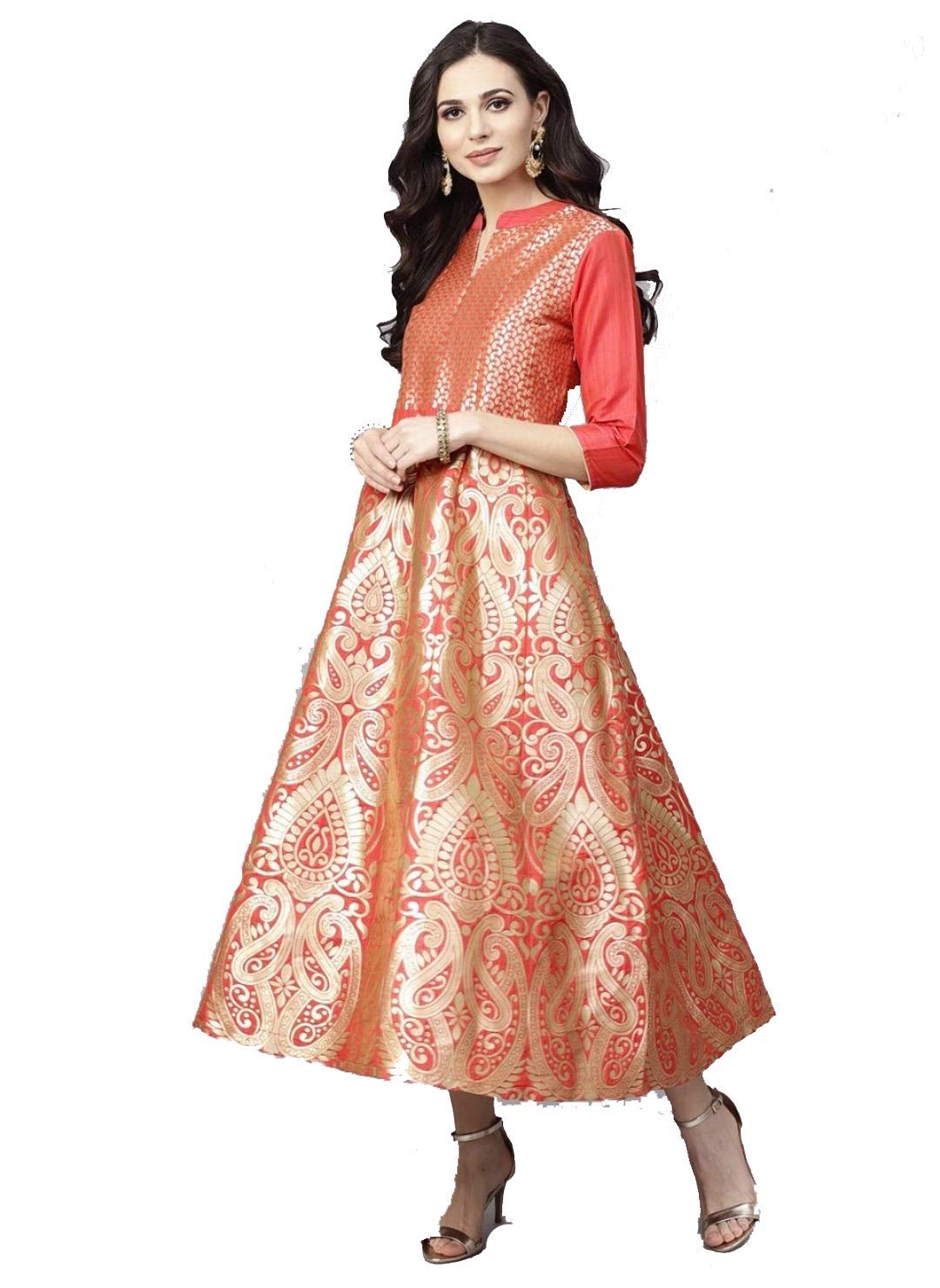 HANSYHUB Women's Silk Stitched Kurti (Orange & Gold)