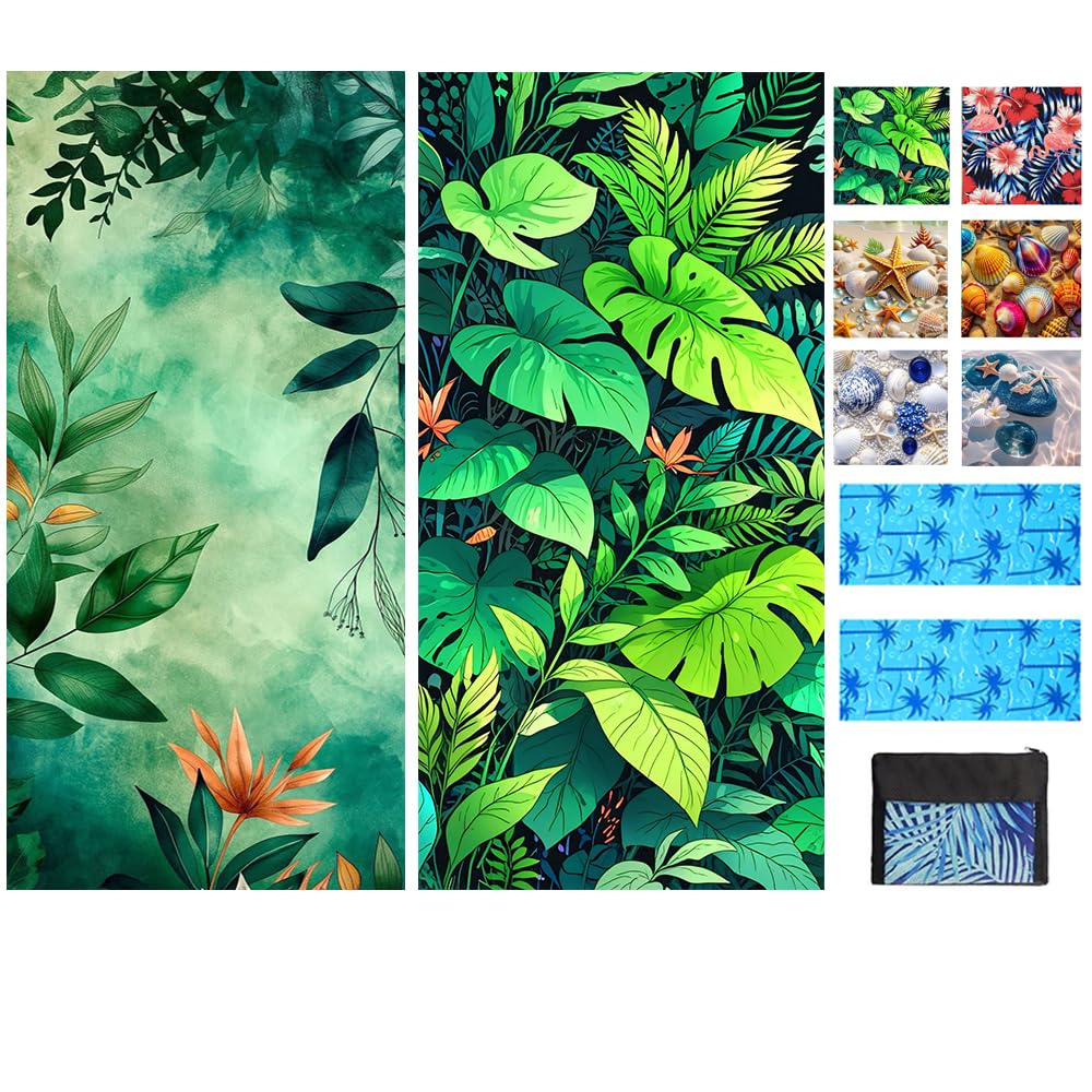 JAODFK 2 Pcs Microfibre Beach Towel 71"X32" Quick Dry Lightweight Sand Free Extra Large Thin Green Leaves Towels Travel Essentials For Adults Womens Swim Bath Accessories Mats Holiday Must Haves