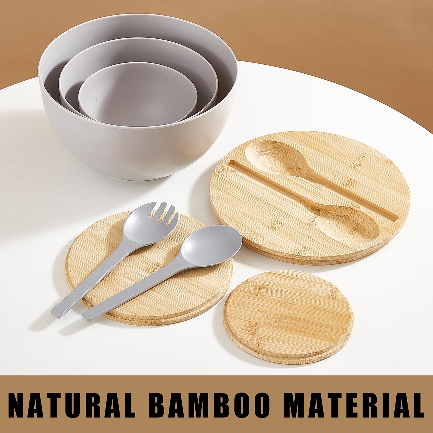 ECOWAY Juego de 3 cuencos de ensalada con tapa y utensilios para servir, juego de cuencos grandes de fibra de bambú para servir y juego de almacenamiento con tapa de bambú para ensalada, cocina,