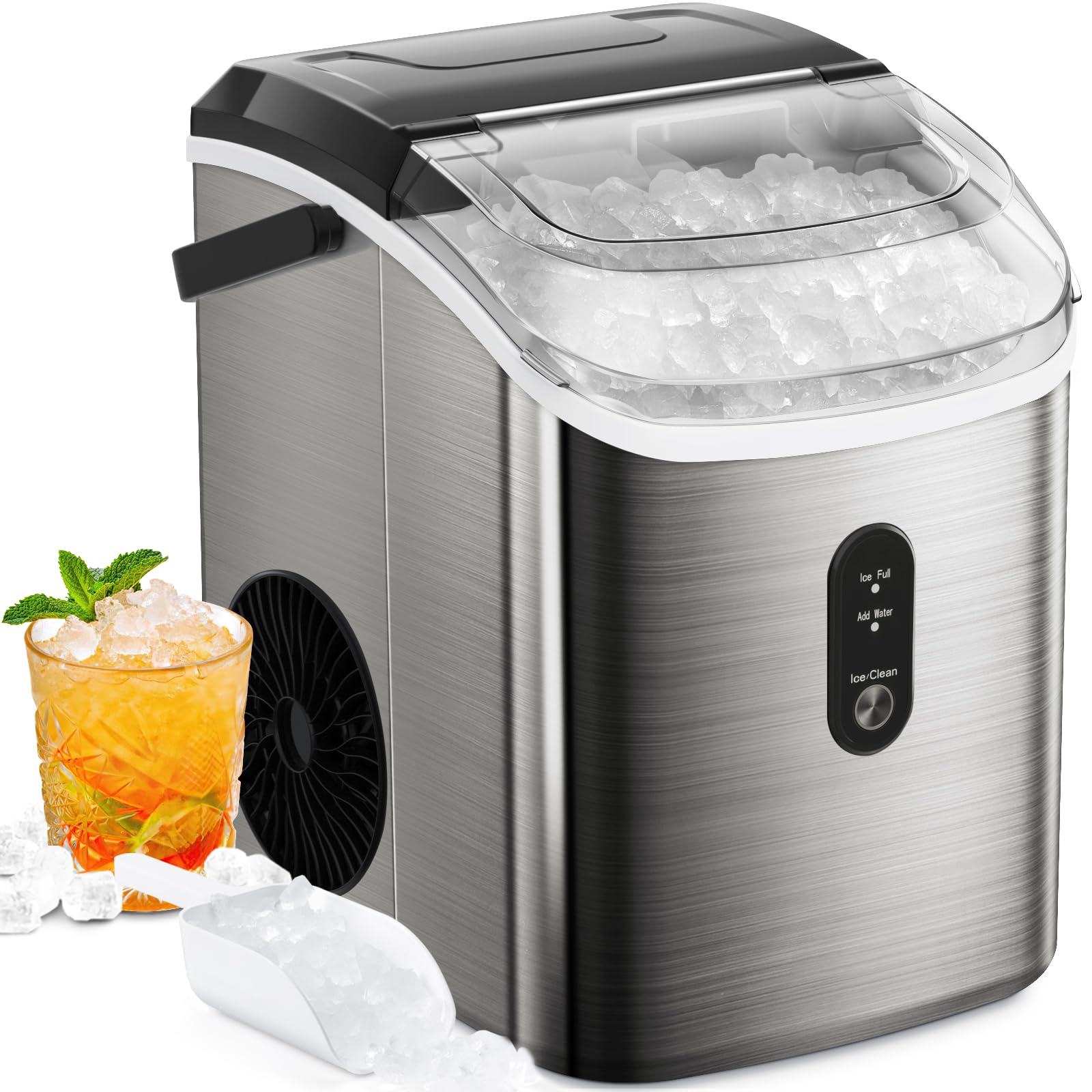 ZAFRO Nugget Ice Maker Countertop, Pebble Ice Maker Machine with Self-Cleaning, 35Lbs/24Hrs, Pellet Ice Maker with Ice Basket/Ice Scoop/Ice Bag for Home/Office/Bar/Party, Silver(Stainless Steel)