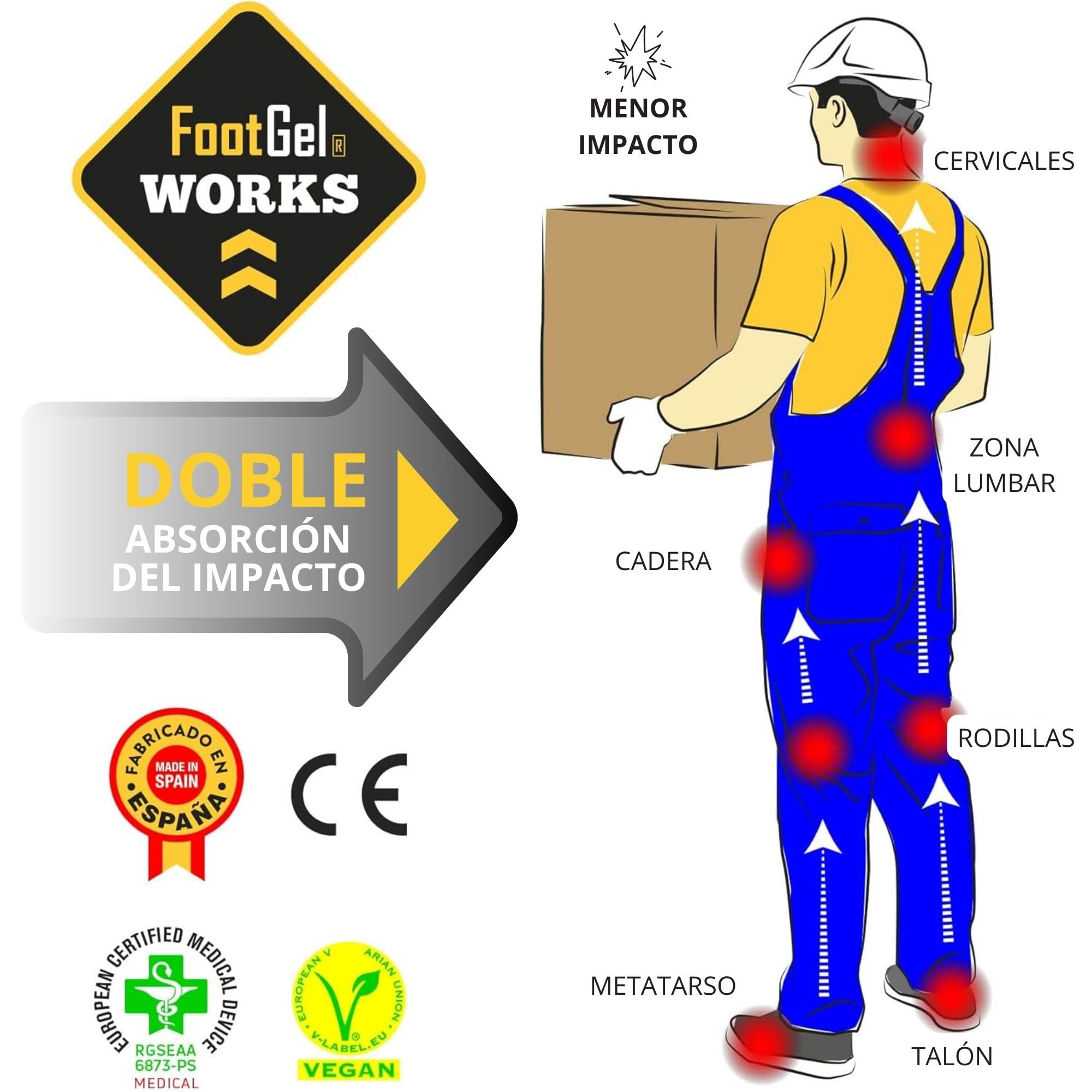 Plantillas Gel Works® | Plantillas Trabajo Hombre/Mujer Uso Diario Transpirables, Cómodas | Estabilizadoras, Previenen Dolores en Pies, Rodillas y Lumbares | Naranjo, Tallas 43 a 46