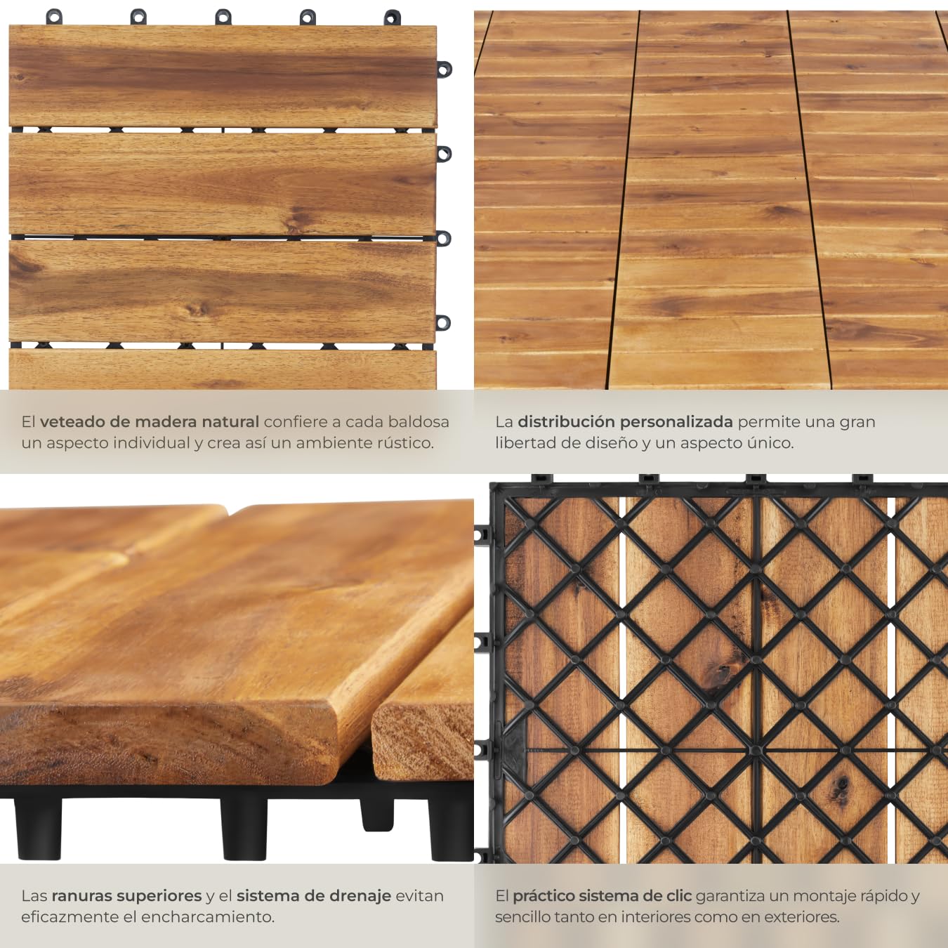 tectake® Set 40x Baldosas Jardín Exterior con 4 Tablones Madera de Acacia, 31 x 31 cm, Suelo Jardín con Base de Rejilla y Drenaje, Montaje Sistema Clic, Área 1,922 m2- Madera