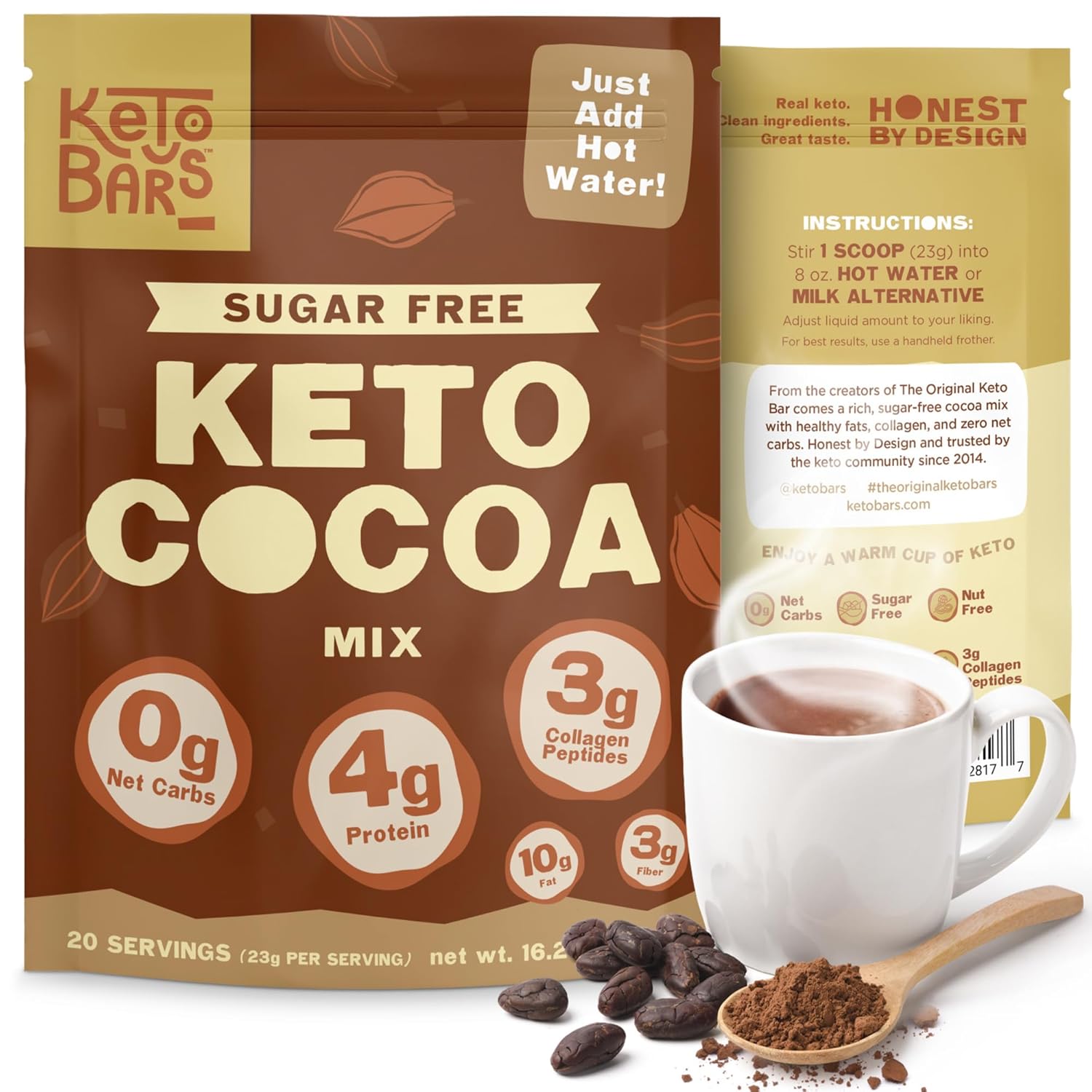 Healthy Cocoa Mix (20 Servings), Delicious Sugar Free Low Cal Hot Chocolate and Coffee Flavoring Powder, Mocha Additive, Gluten Free Diet Drinks, Non-GMO Ingredients, Nut Free Collagen Fiber Blend