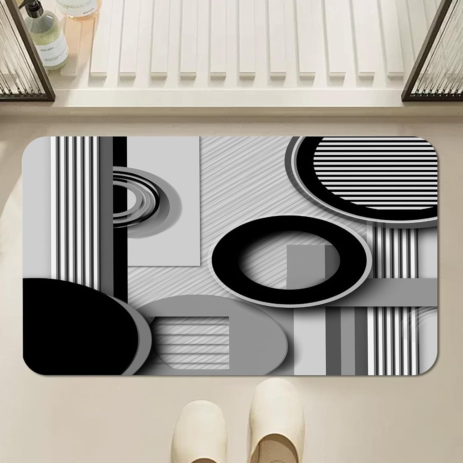 Circle Geometric Stripe Bathroom Mat Absorbent, Black White Gray Diatomaceous Earth Bath Mat 24"x36", Minimalist Modern Abstract Floor Mat Non Slip Quick Dry Small Shower Rug for Bathtub Kitchen