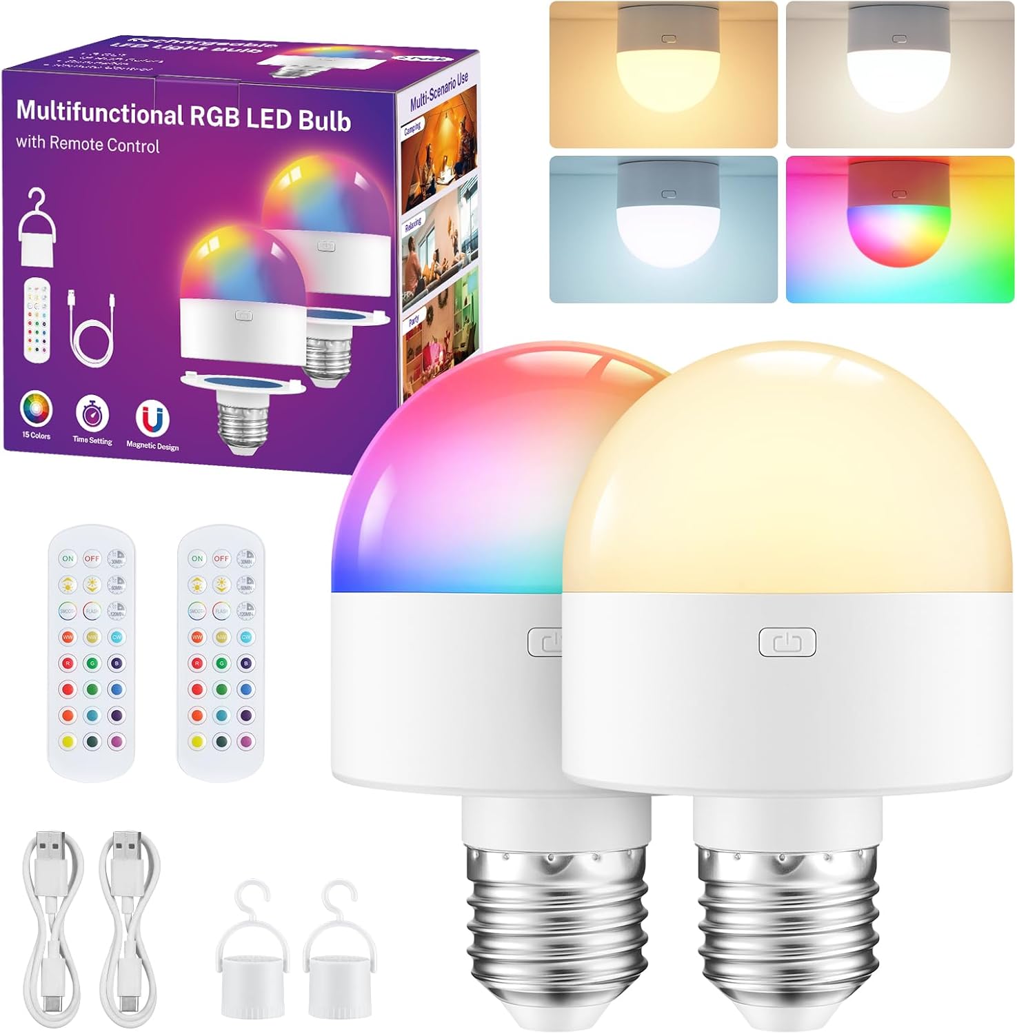 Rechargeable Light Bulbs, 8000mAh E26 Battery Operated Light Bulb with Remote Control and Timer for Lamp, 3CCT+12 RGB Colors, Dimmable Magnetic USB Puck Night Light Bulbs, with Hooks 2 pcs
