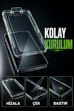 iPhone Uyumlu Temperli Cam Ekran Koruyucu Tam Kaplayan Kolay Uygulama Aparatlı Seti Kiti Kırılmaz, 17 PRO MAX