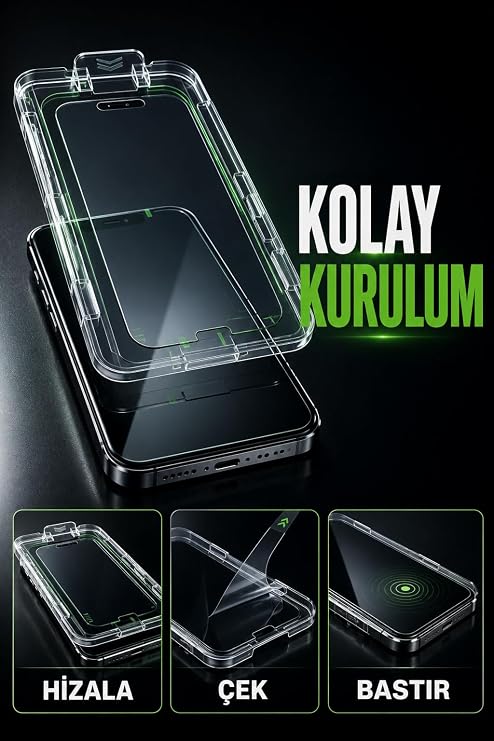 iPhone Uyumlu Temperli Cam Ekran Koruyucu Tam Kaplayan Kolay Uygulama Aparatlı Seti Kiti Kırılmaz, 17 PRO MAX