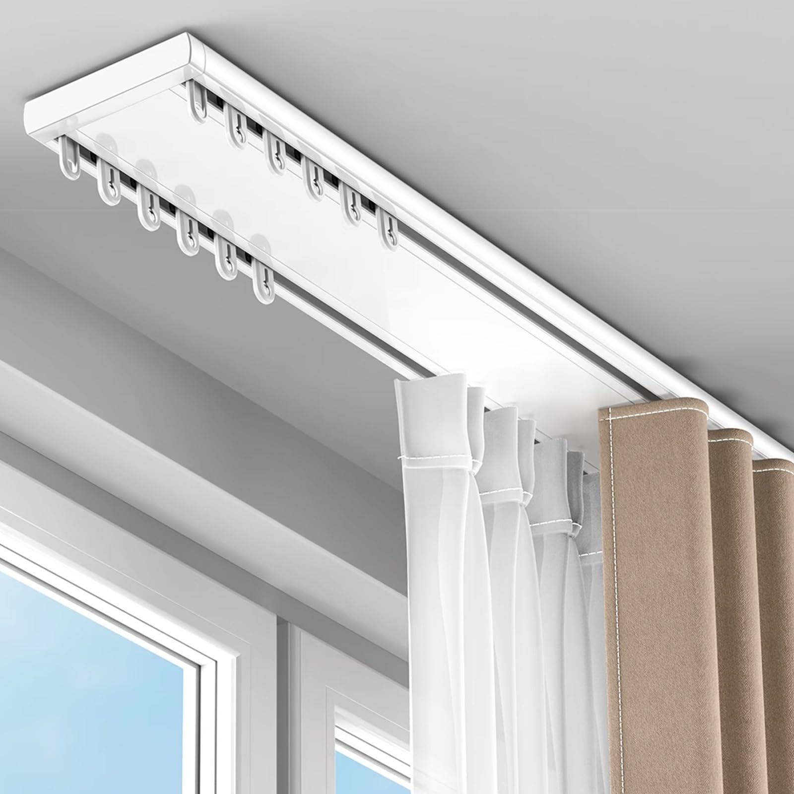 Système de rail de rideau de plafond double en aluminium blanc à 2 canaux avec glissières lisses, 4,7 m pour rideaux modernes, utilisation en intérieur