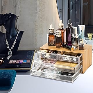 Cosmetic Organizer - Elegant Bamboo and Acrylic Storage with 4 Clear Drawers Perfect for Makeup Tools and Accessories