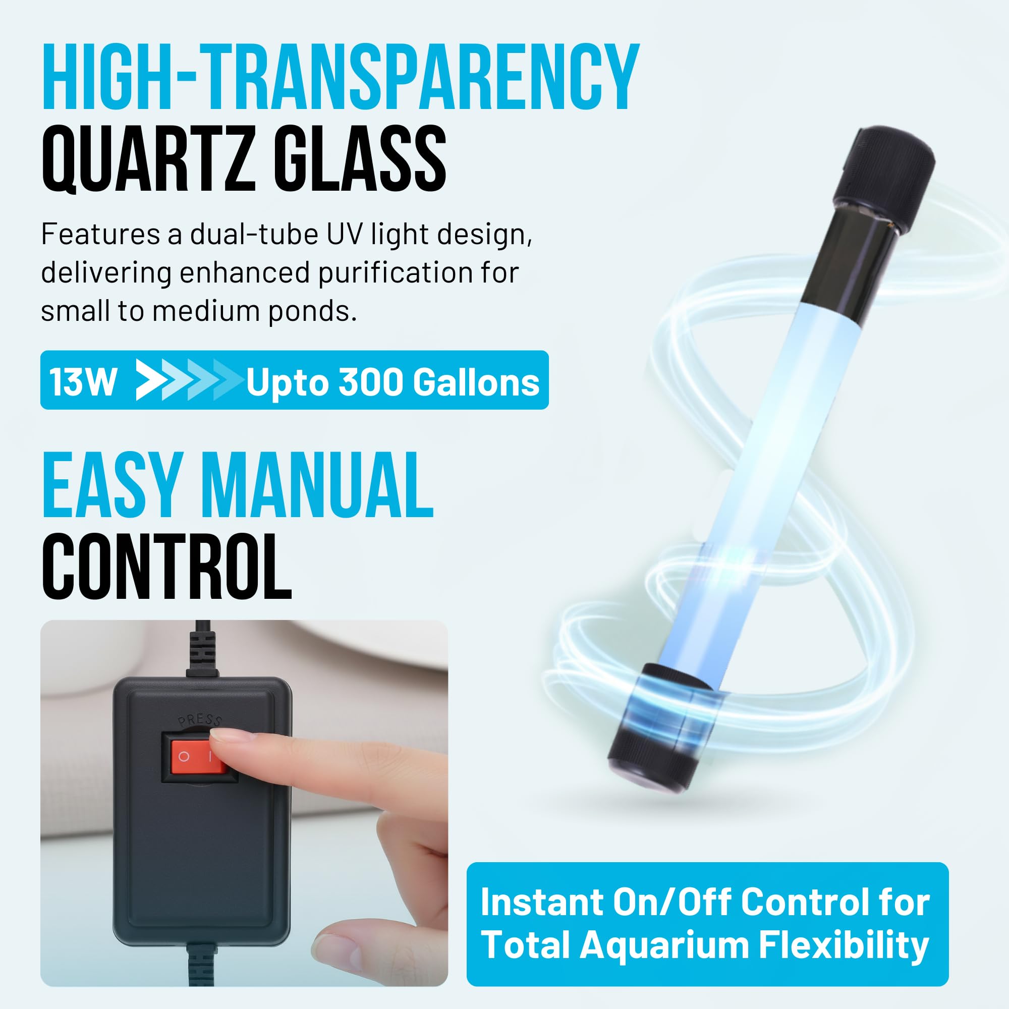 Esterilizador de agua UV de 13 W con cable de 10 pies para acuarios, estanques y piscinas de hasta 300 galones, clarificador UV profesional para control de agua verde en estanques de Koi, peceras