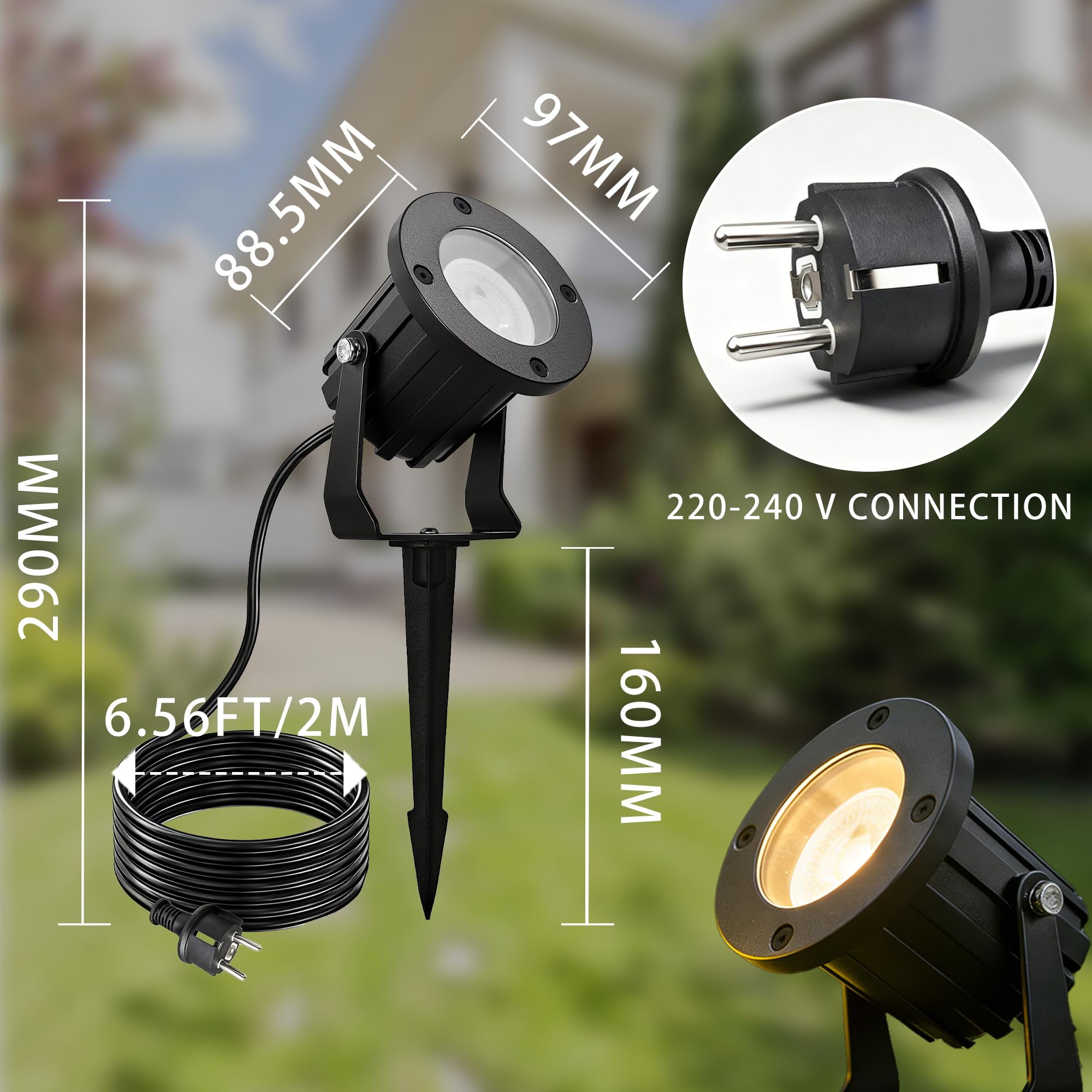 LED Gartenstrahler mit Erdspieß für Außen, IP65 wasserdichte Gartenbeleuchtung mit Strom, schwenkbar, inkl. 5W GU10 3000K Warmweiß, 2m Kabel mit Stecker, Schwarz, 4 Stück