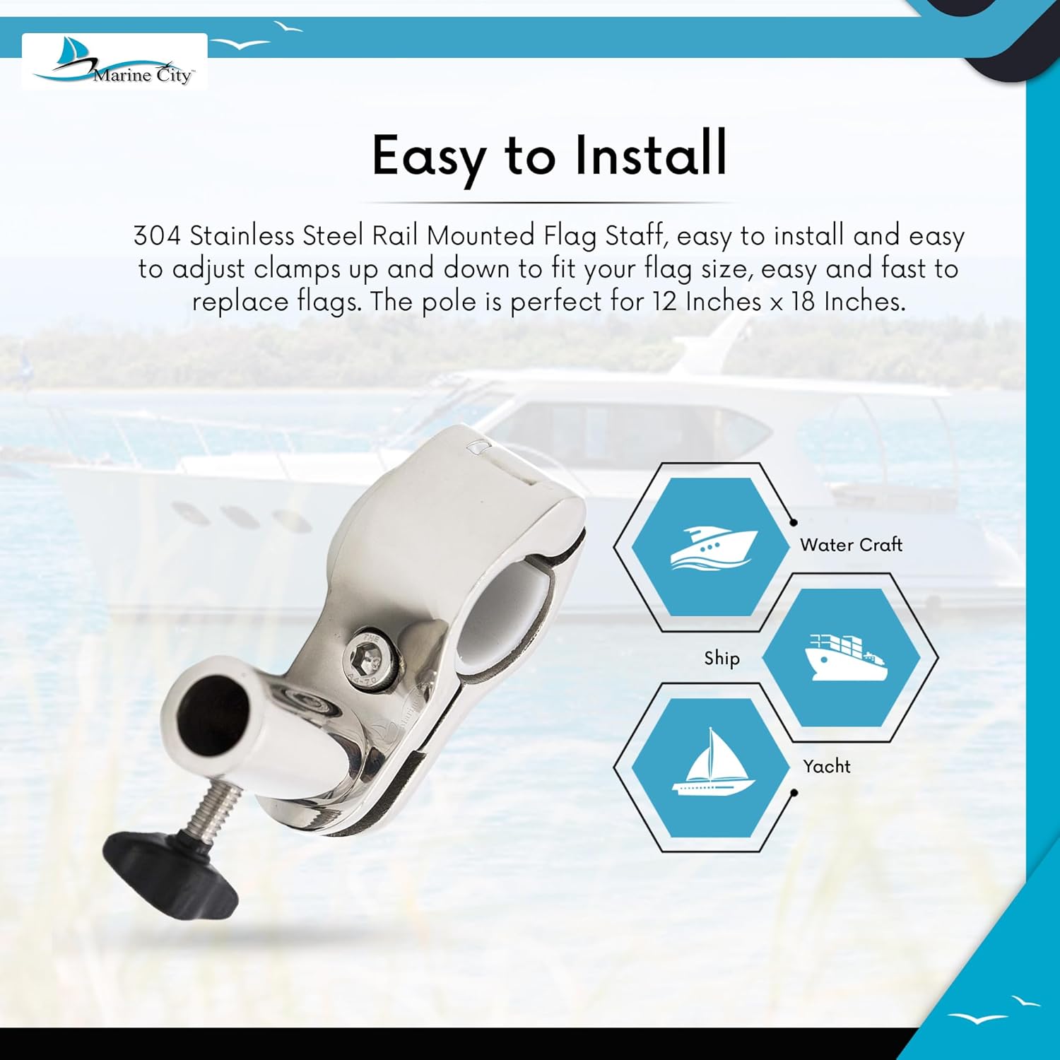 MARINE CITY 304 Stainless Steel Flag Pole Base – Strong & Durable Design Fits 7/8 Inches and 1 Inch Rail Tube - Ideal for Marines, Boats, and Yachts - 1 Pcs