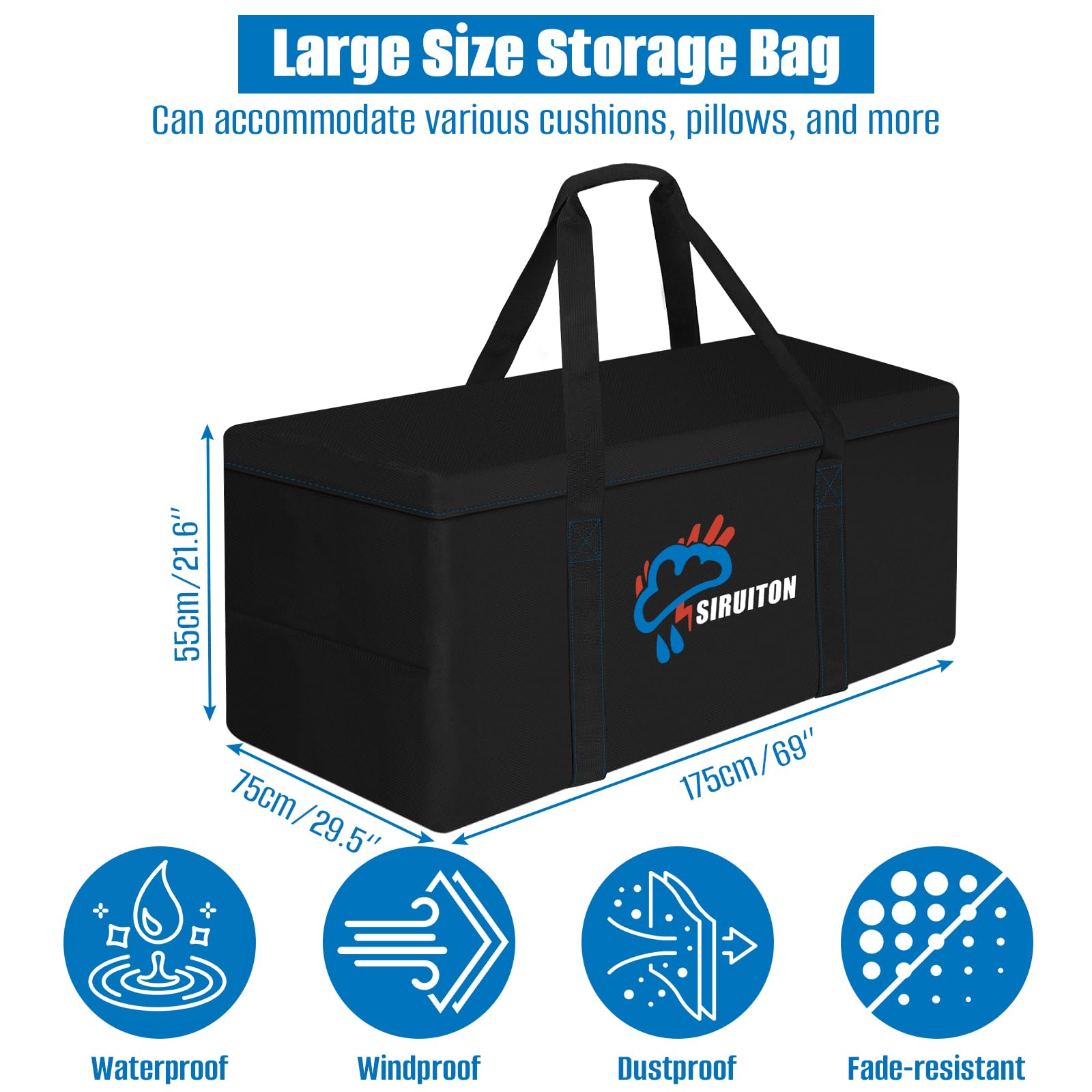 SIRUITON 175x75x55cm Bolsa para Cojines de jardín,Bolsa para Cojines de terraza,Tela Oxford 600D Impermeable,Anti-UV,con asa y Cremallera