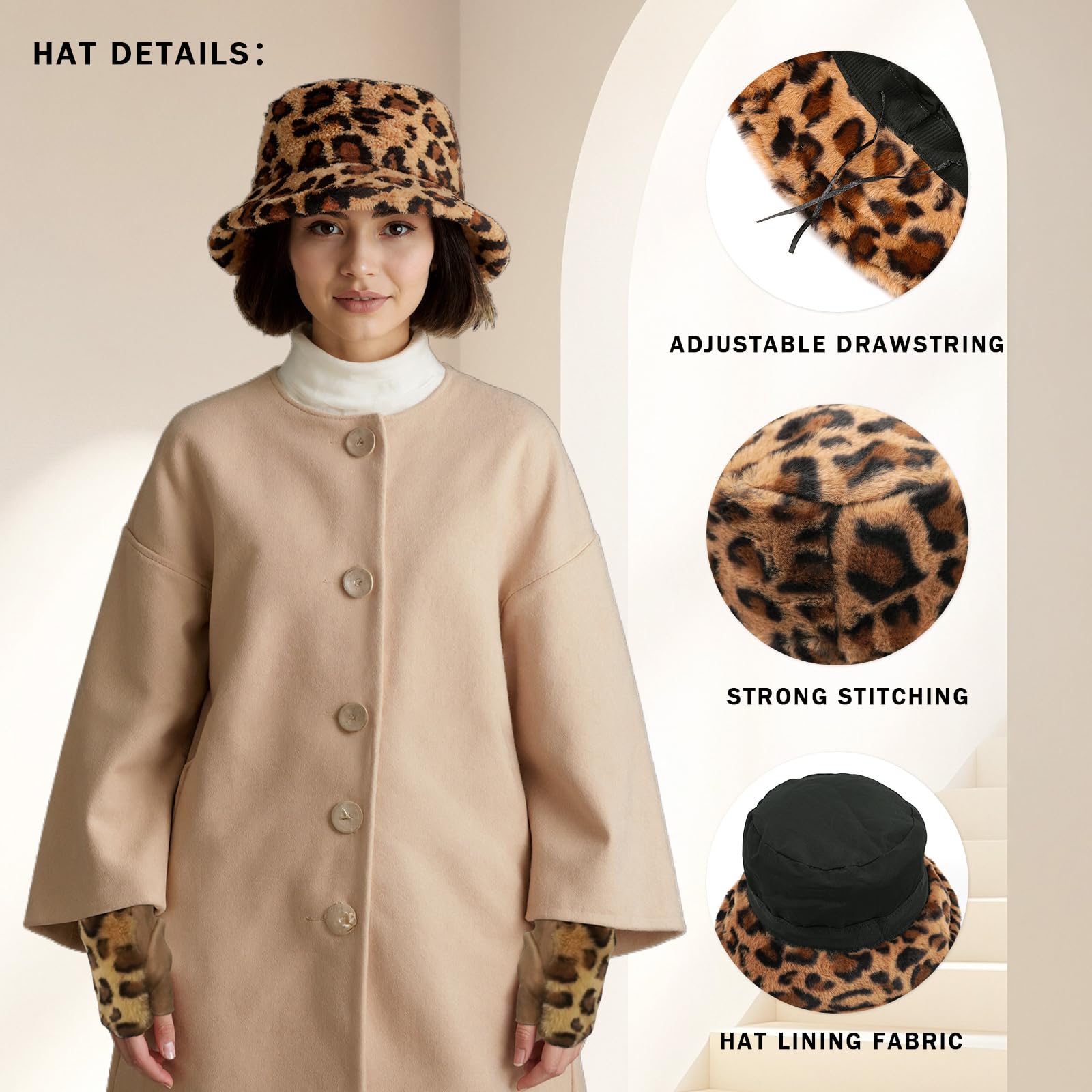 Sombrero Mujer Invierno,Suave Esponjoso Cálido y a Prueba de Viento Bucket Hat,Sombreros de Piel de Leopardo para Las Mujeres,Regalos para Mujer