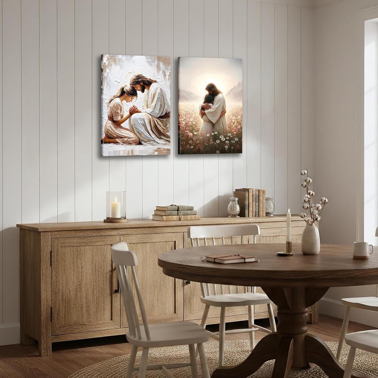 2Pcs Framed Jesus Embracing Woman Wall Art Jesus and Girl Praying Painting Print Religious Christian Bible Canvas Prints Pictures for Bedroom Living Prayer Room 16x24 inch Ready to Hang