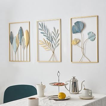 FUNTEREST Gold Leaf Wall Decor Modern Wall Art Home Deco 3-Piece Set Metal Wall Hanging Decoration Living Room Office Bedroom Hotel