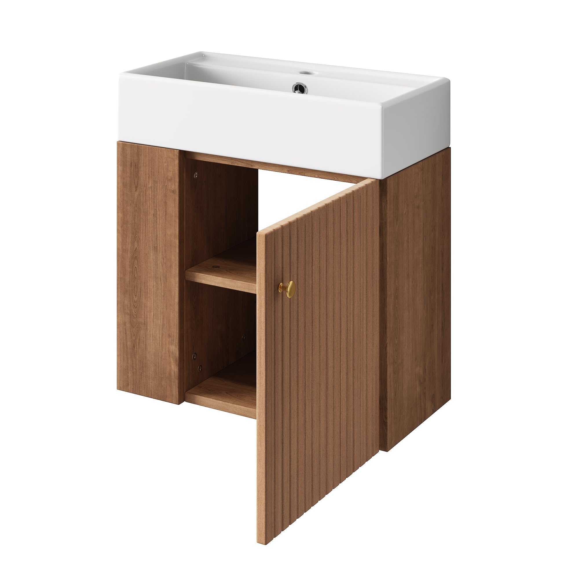 HAINEW Lavabo con mobiletto da 55 cm, set di mobili da bagno con mobiletto da appendere, set da 2 pezzi con 1 anta e vano portaoggetti laterale, 55 x 31 x 66,5 cm (marrone)