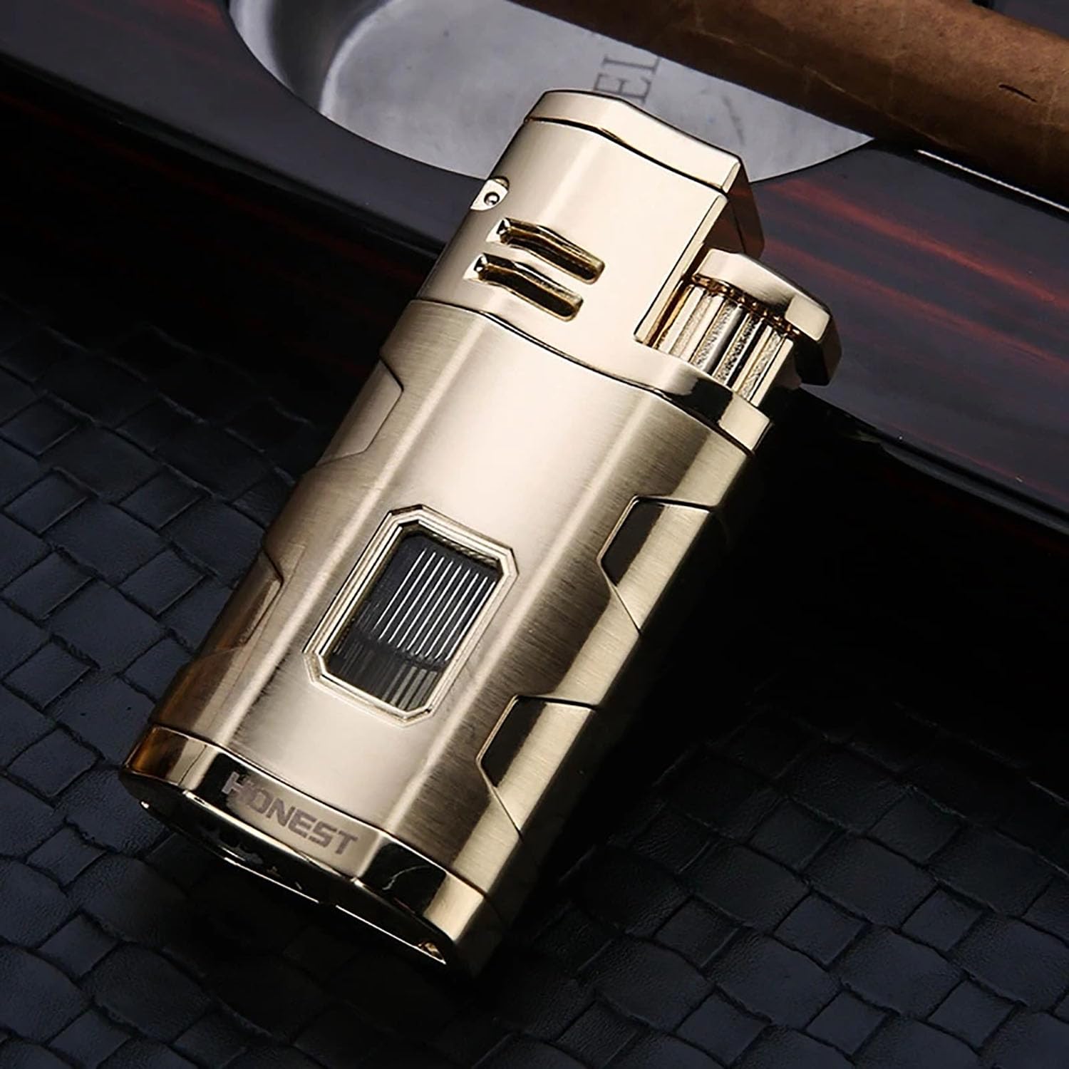 Professionnel Cigare Plus Léger Butane Rechargeable à Flamme Triple Jet avec Fenêtre à Gaz Visible pour Poinçon à Cigare (Butane Non Inclus)