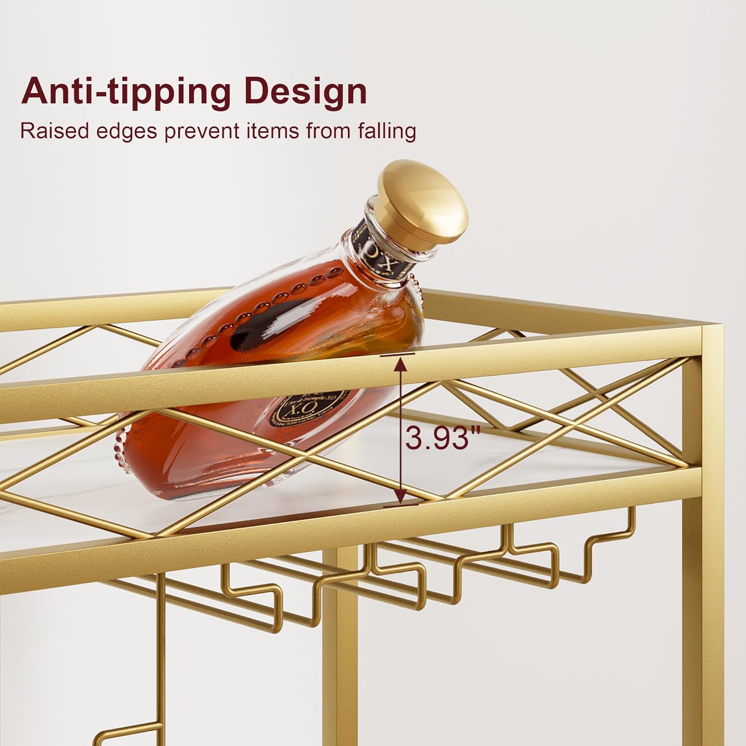 CABIHOME Bar Cart Gold, 2 Tier Bar Carts for The Home, Gold Bar Carts on Wheels, Serving Cart with White Marble Finish Wood Shelf, Wine Rack & Glass Holder for Kitchen, Dining Room, Living Room